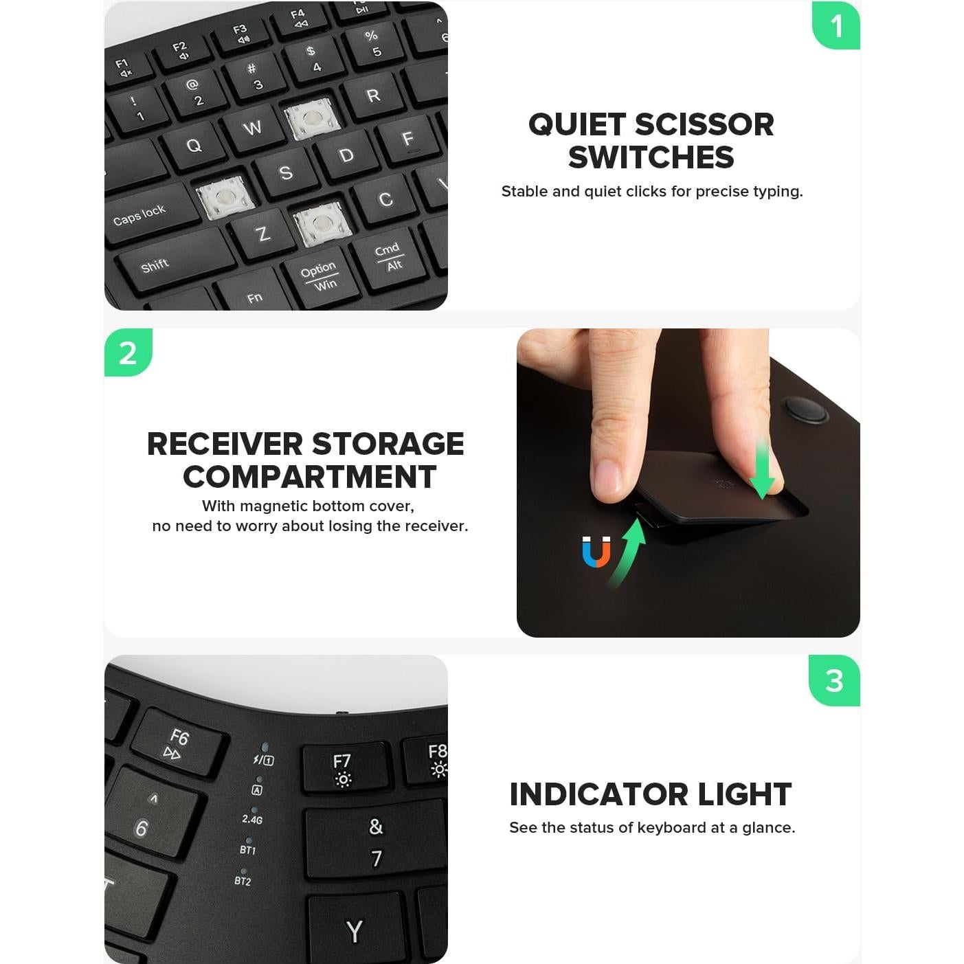 Teclado Ergonómico Inalámbrico DeLUX GM909 Negro con Reposamanos