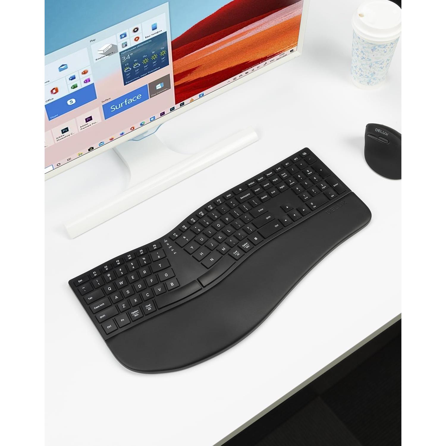 Teclado Ergonómico Inalámbrico DeLUX GM909 Negro con Reposamanos