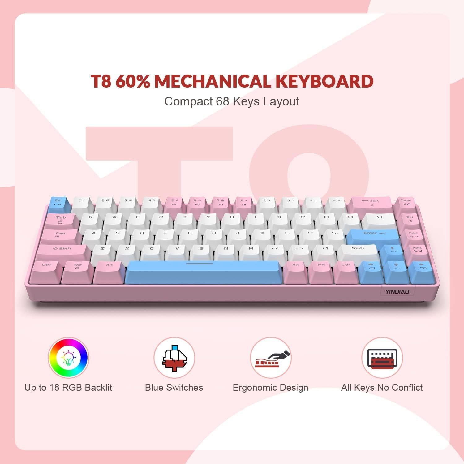 Teclado Mecánico Compacto YINDIAO T8 60% RGB Rosa