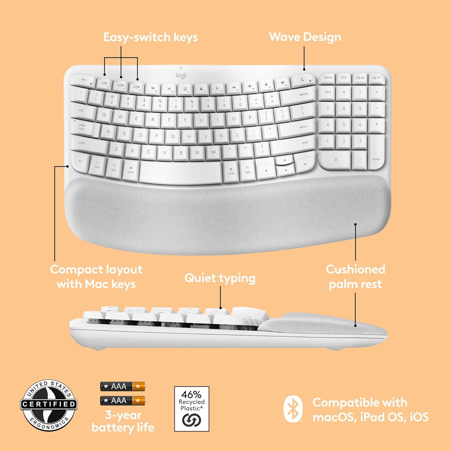 Teclado Ergonómico Inalámbrico Logitech Wave para Mac - Blanco