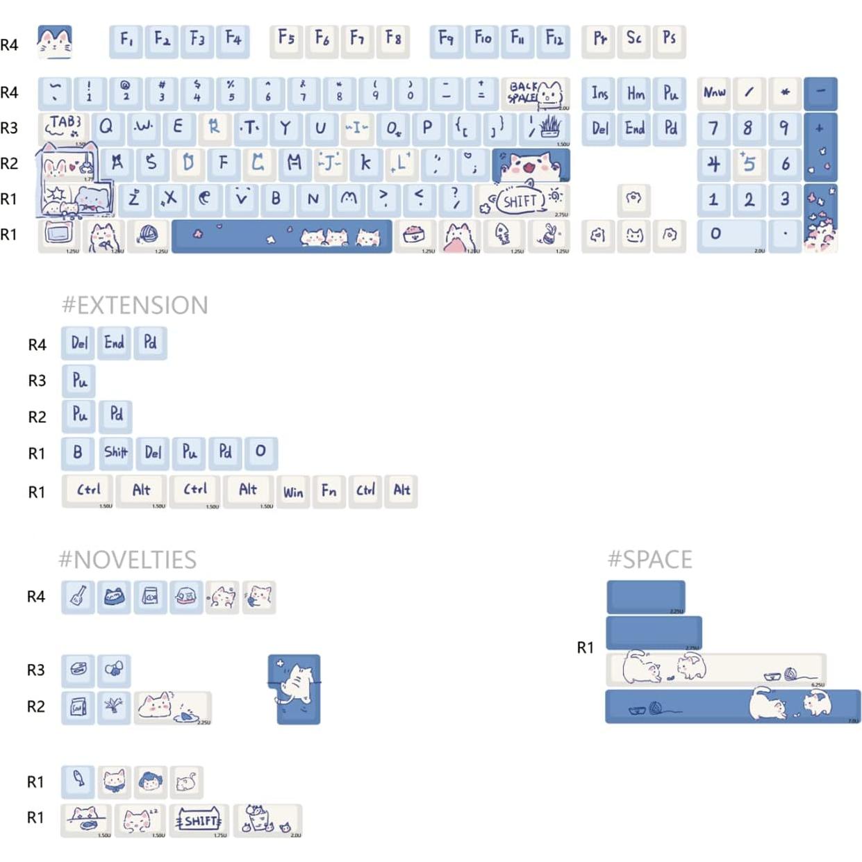 Juego de Teclas Mecánicas Personalizadas PBT MDA Gato Azul - 148 Teclas