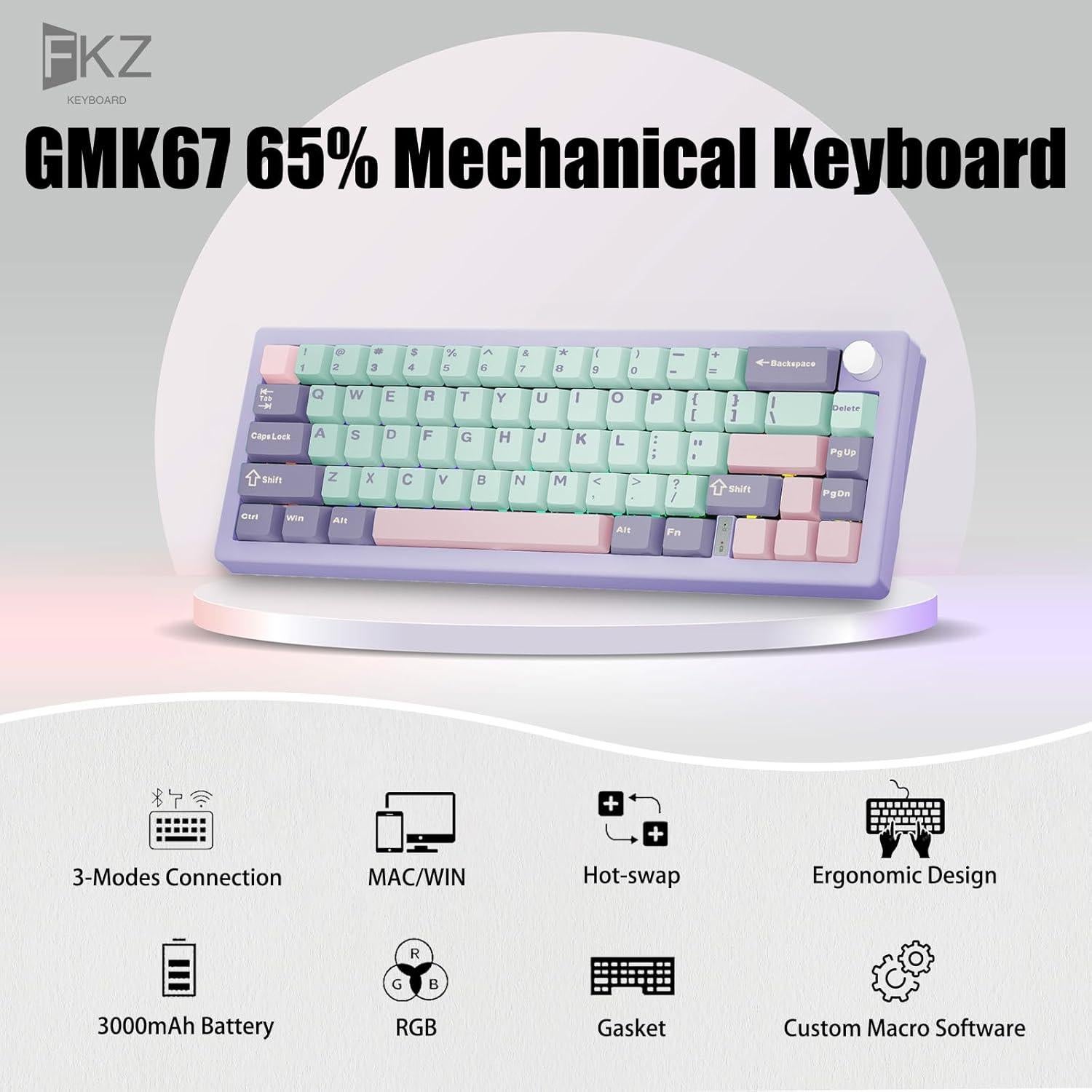 Teclado Mecánico FKZ GMK67 65% Inalámbrico RGB Púrpura