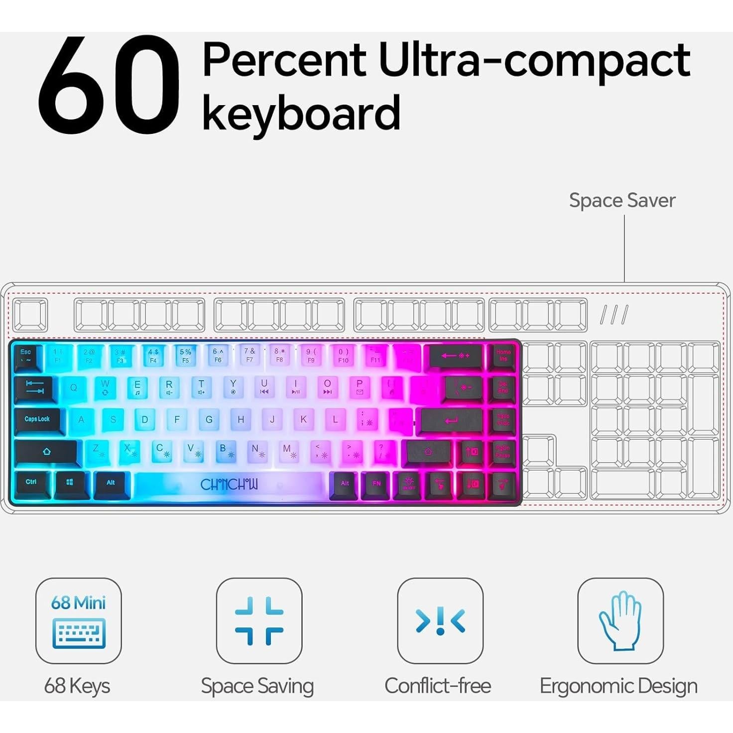 Teclado Gaming RGB CHONCHOW G31a 60% 68 Teclas USB Iluminado