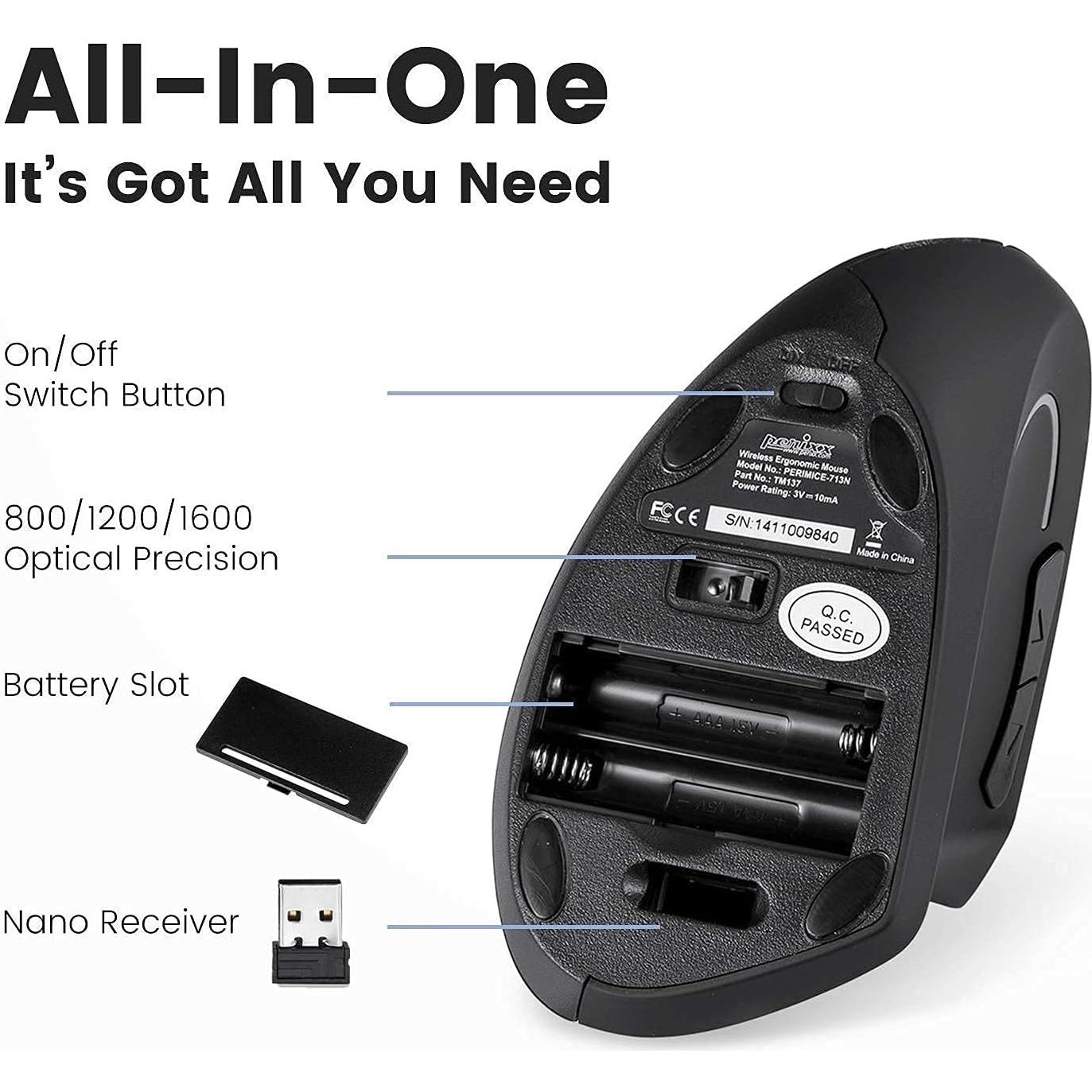 Paquete Teclado Ergonómico Inalámbrico Perixx PERIBOARD-612 y Ratón Vertical PERIMICE-713