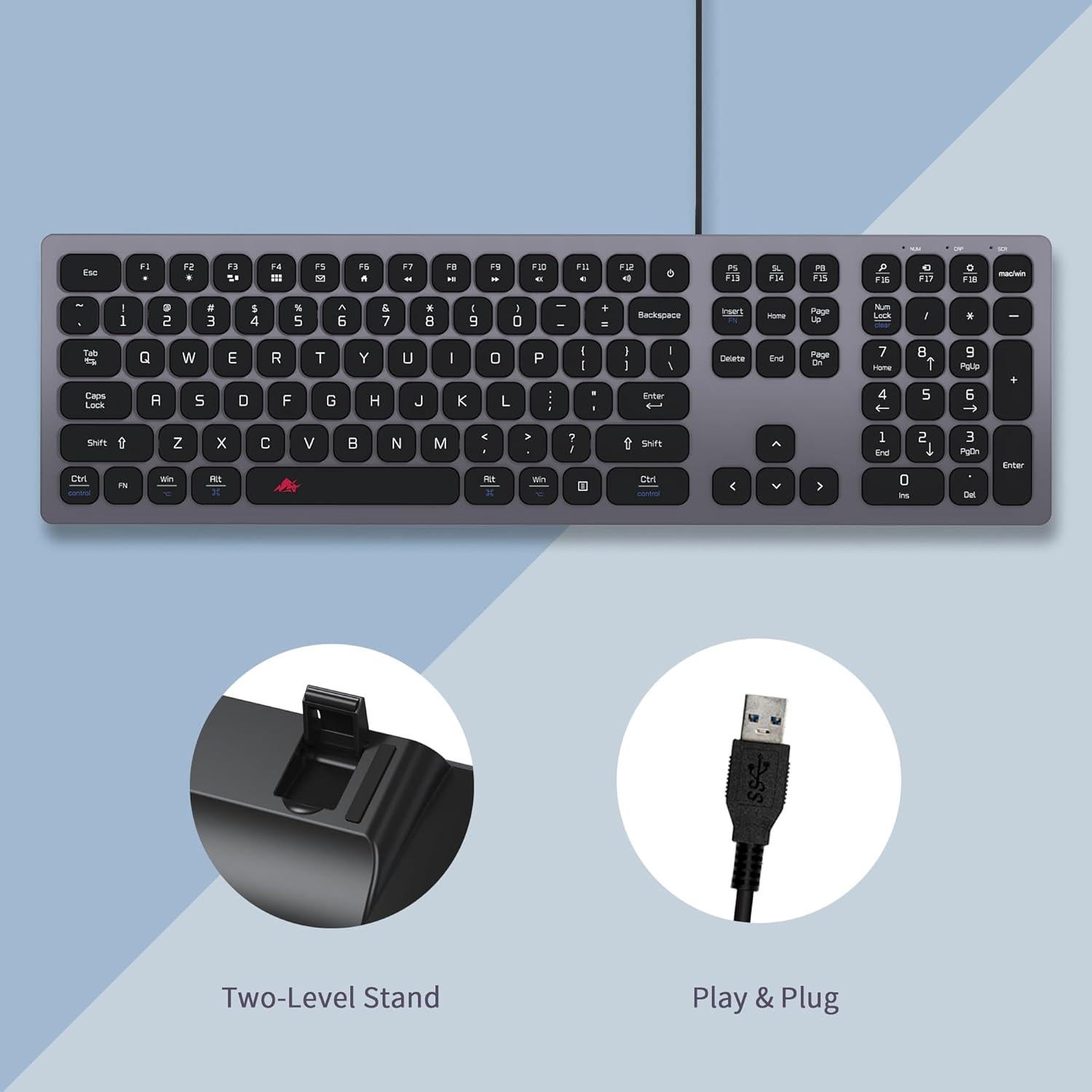 Teclado Chiclet USB Silencioso POWZAN para Mac y PC - Gris Espacial