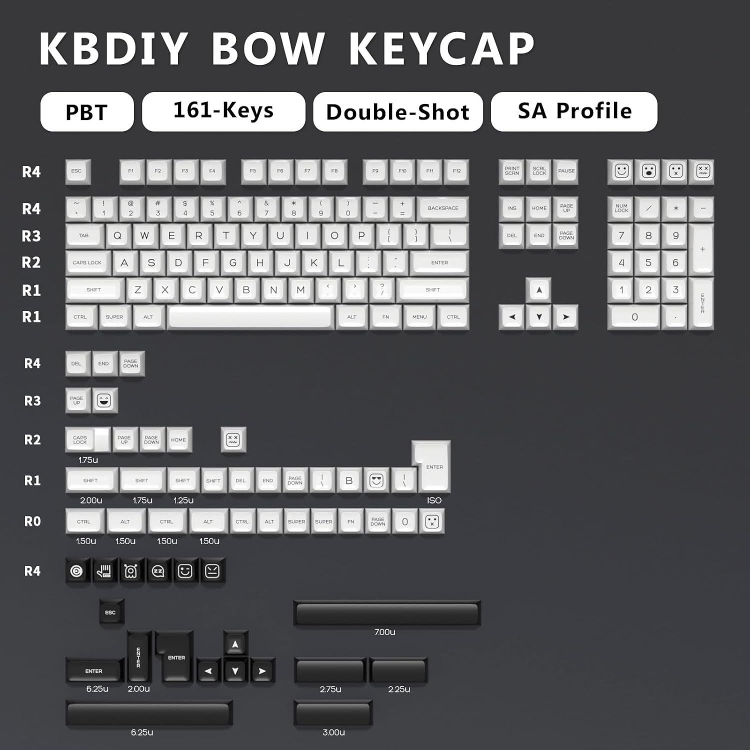 Juego de Teclas PBT Doble Tiro KBDiy Bow 160 Teclas Negras y Blancas