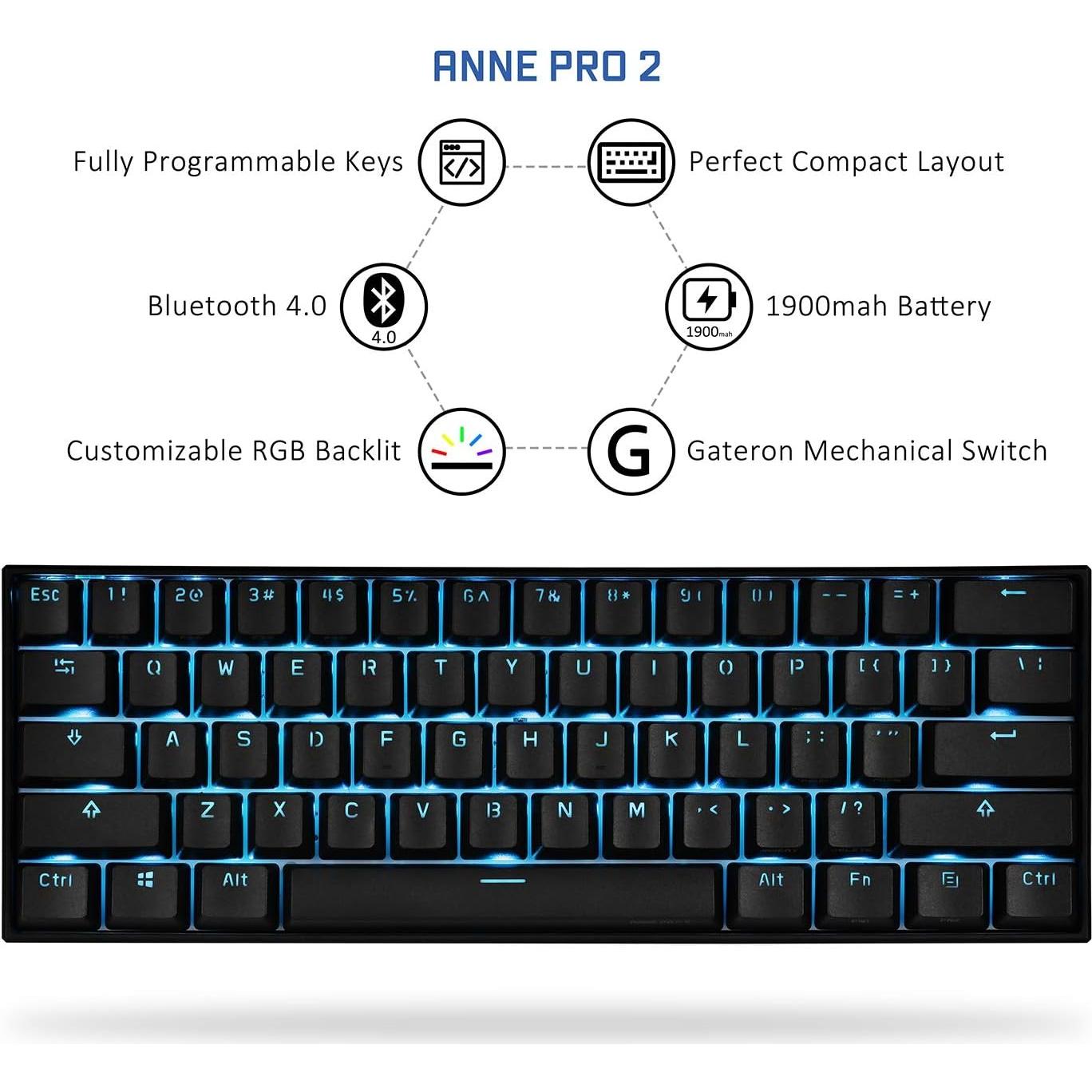 Teclado Mecánico Anne Pro 2 60% RGB Bluetooth Gateron Rojo