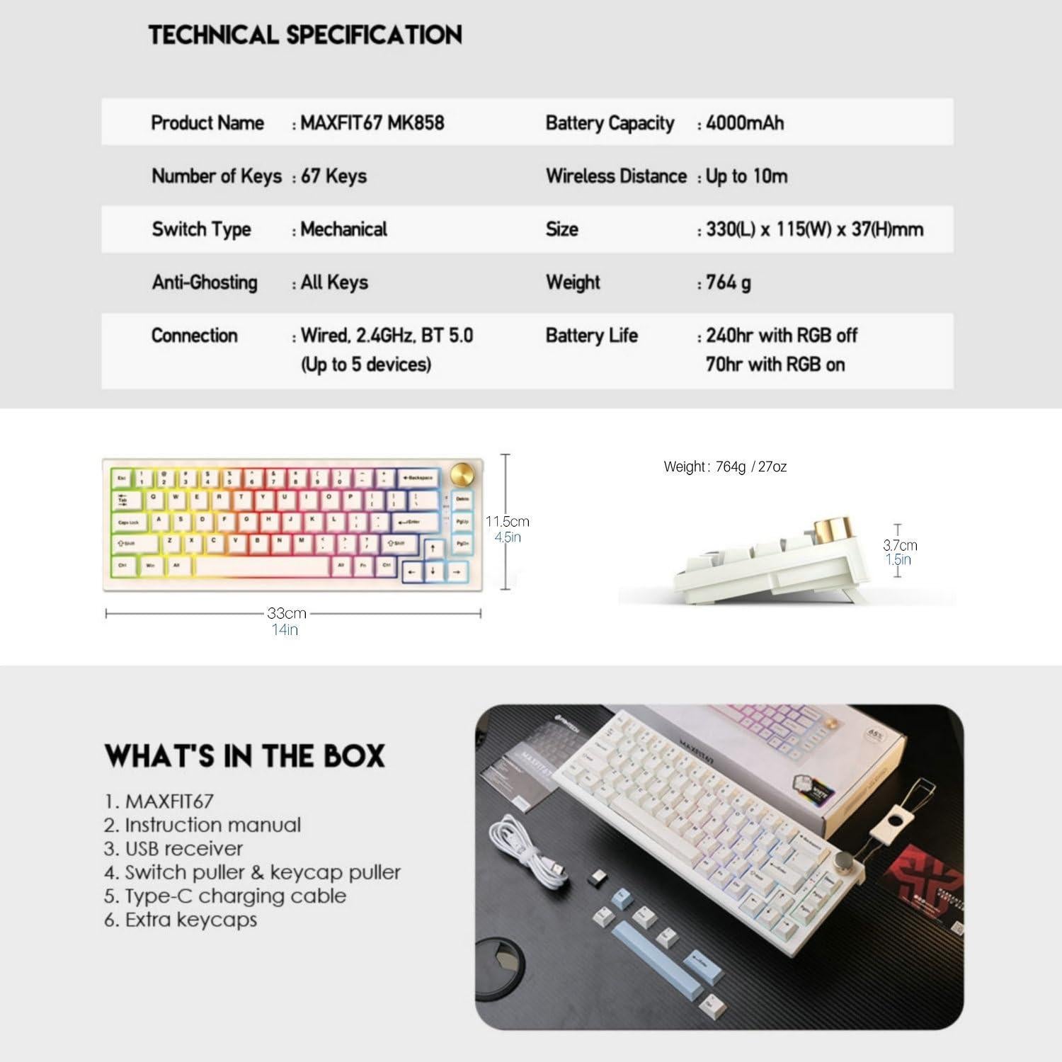 Teclado Mecánico FANTECH MAXFIT67 RGB 67 Teclas Tipo-C