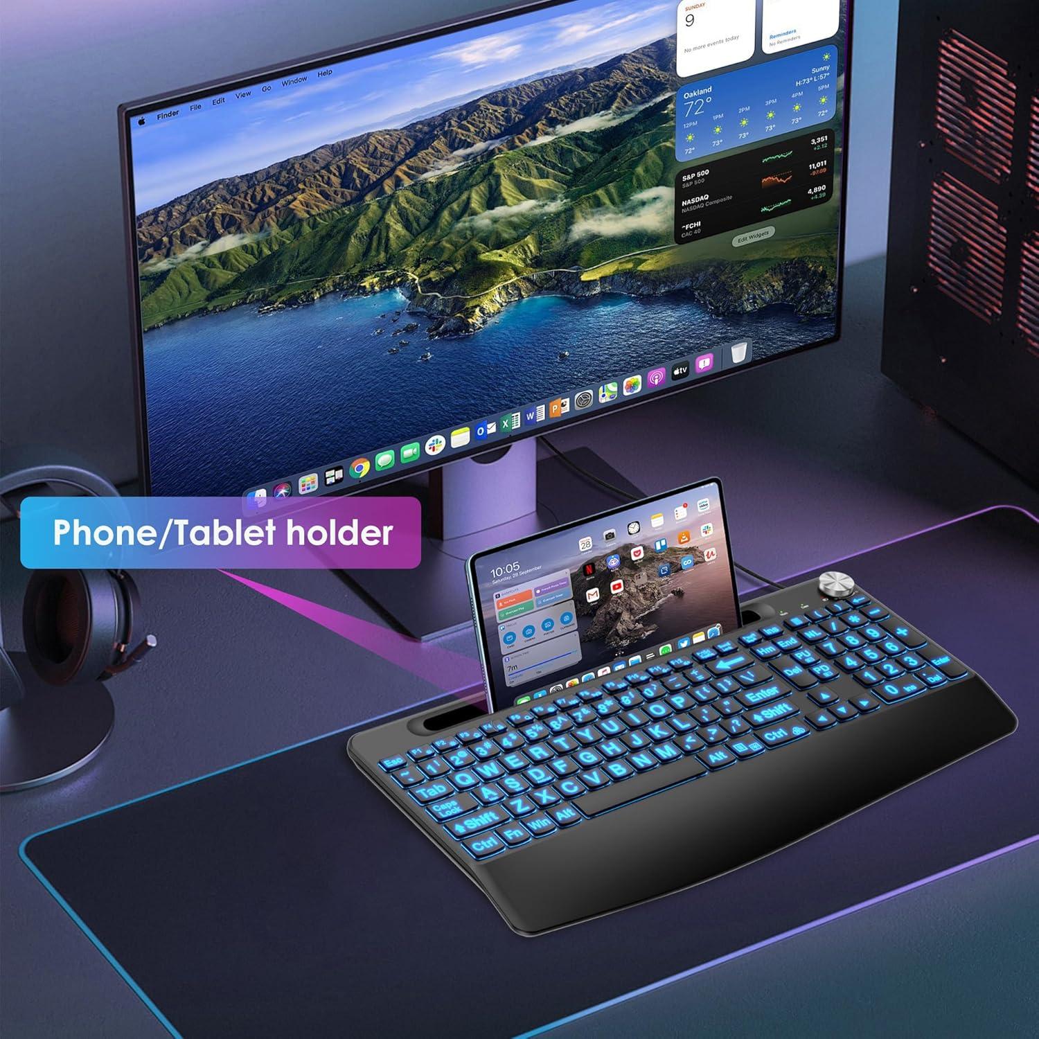 Teclado USB C/A Sksyloo Retroiluminado 7 Colores con Soporte