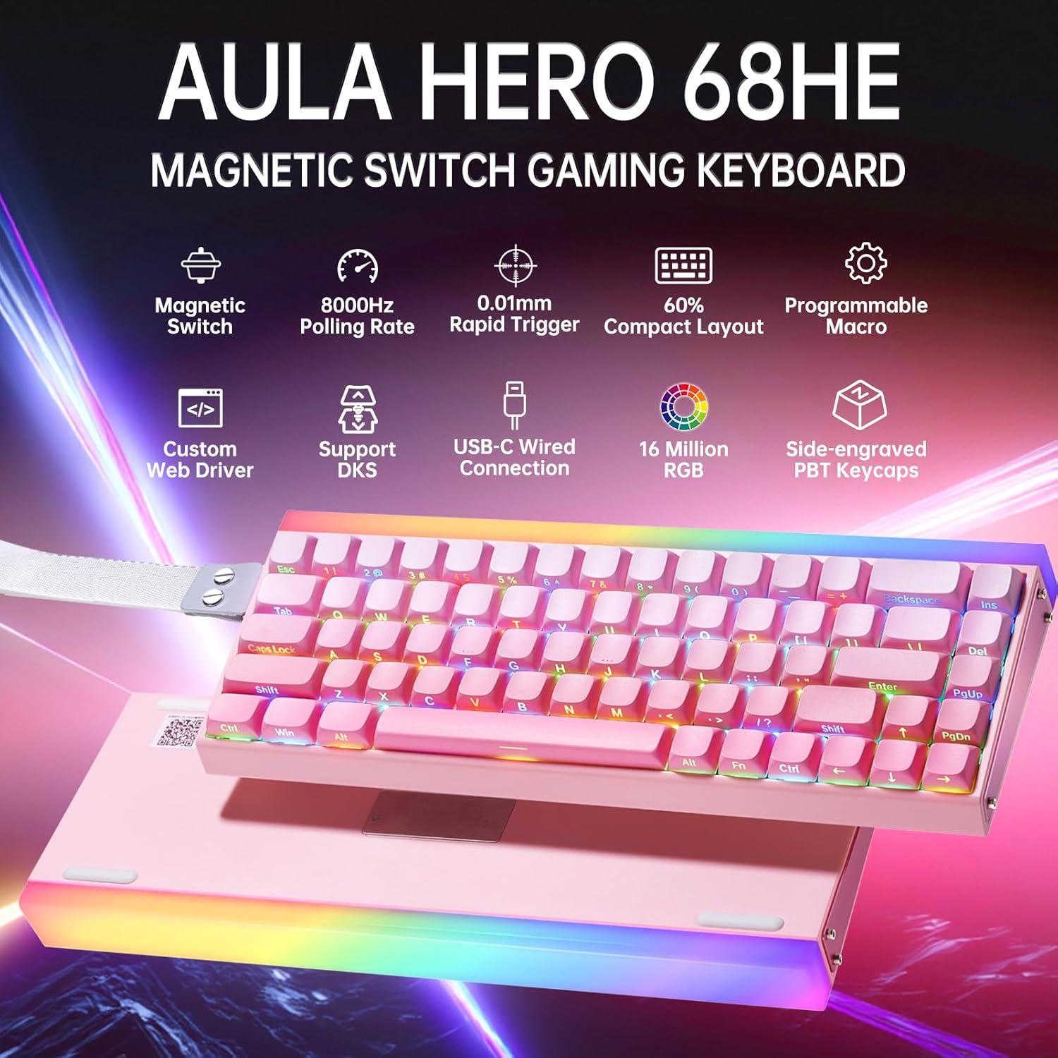 Teclado Mecánico AULA Hero 68HE RGB Retroiluminado Rosa 68 Teclas