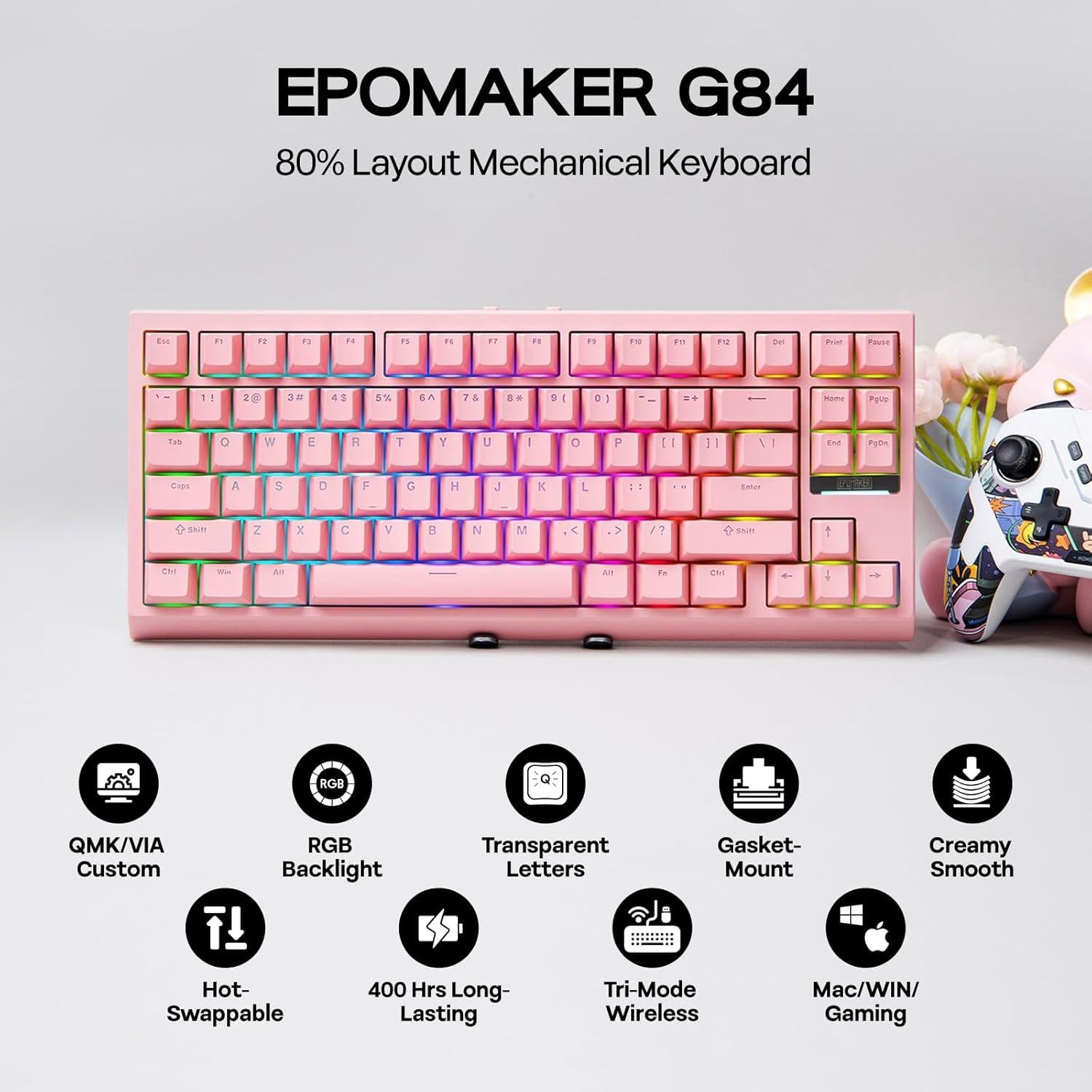 Teclado Mecánico EPOMAKER G84 RGB Inalámbrico 80% Rosa