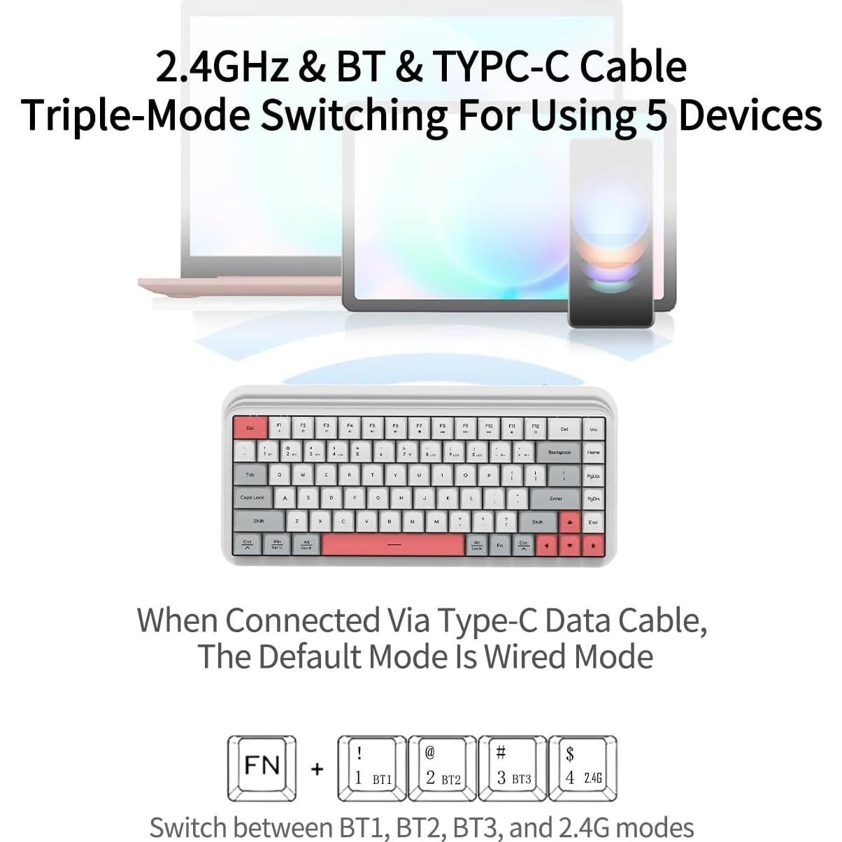 Teclado Gaming Inalámbrico S80 - 3 Modos, Silencioso, Blanco