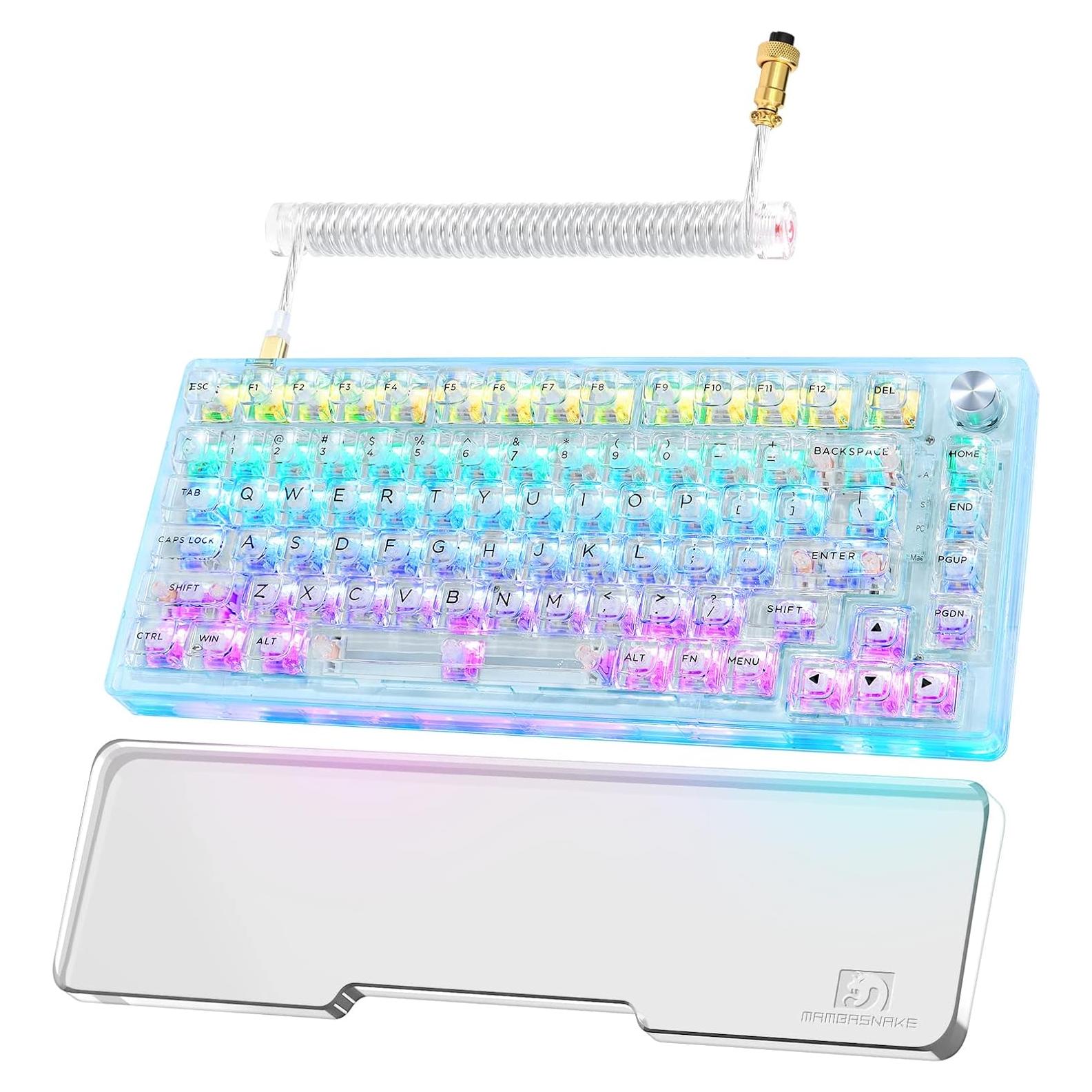 MK32 82-Key Hot Swappable Wired Mechanical Keyboard with Transparent Keycaps, RGB Backlit Custom Gaming Keyboard with Coiled Usb C Cable & Acrylic Keyboard Wrist Rest, Rotary Knob for Windows/Mac