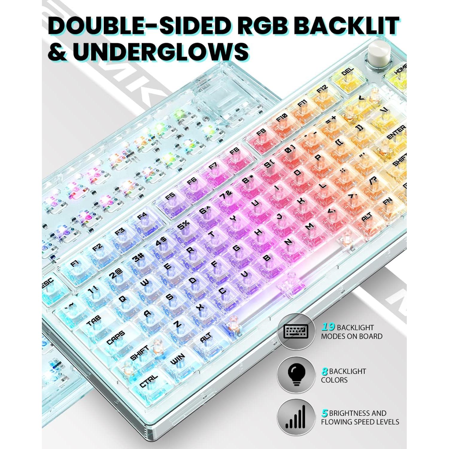 MK32 82-Key Hot Swappable Wired Mechanical Keyboard with Transparent Keycaps, RGB Backlit Custom Gaming Keyboard with Coiled Usb C Cable & Acrylic Keyboard Wrist Rest, Rotary Knob for Windows/Mac