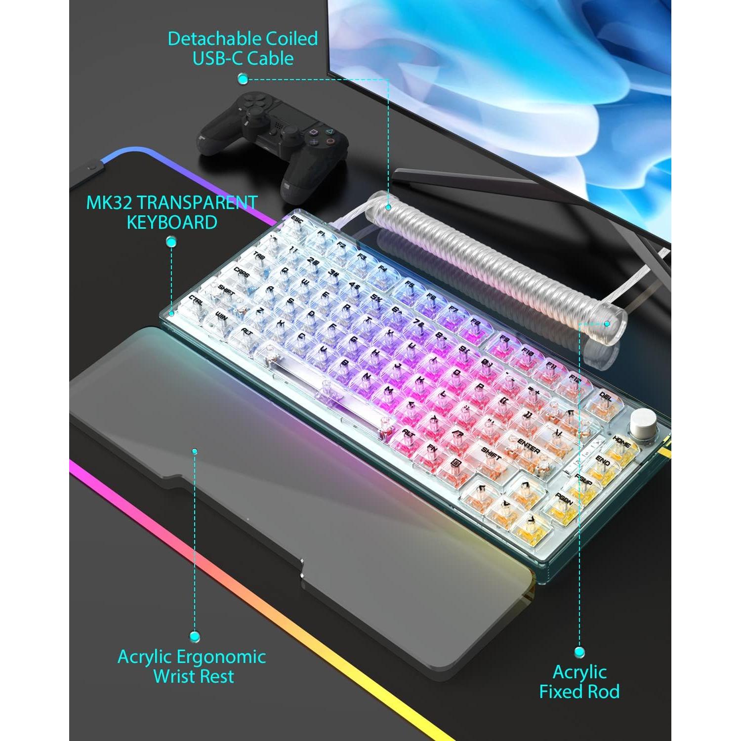 MK32 82-Key Hot Swappable Wired Mechanical Keyboard with Transparent Keycaps, RGB Backlit Custom Gaming Keyboard with Coiled Usb C Cable & Acrylic Keyboard Wrist Rest, Rotary Knob for Windows/Mac