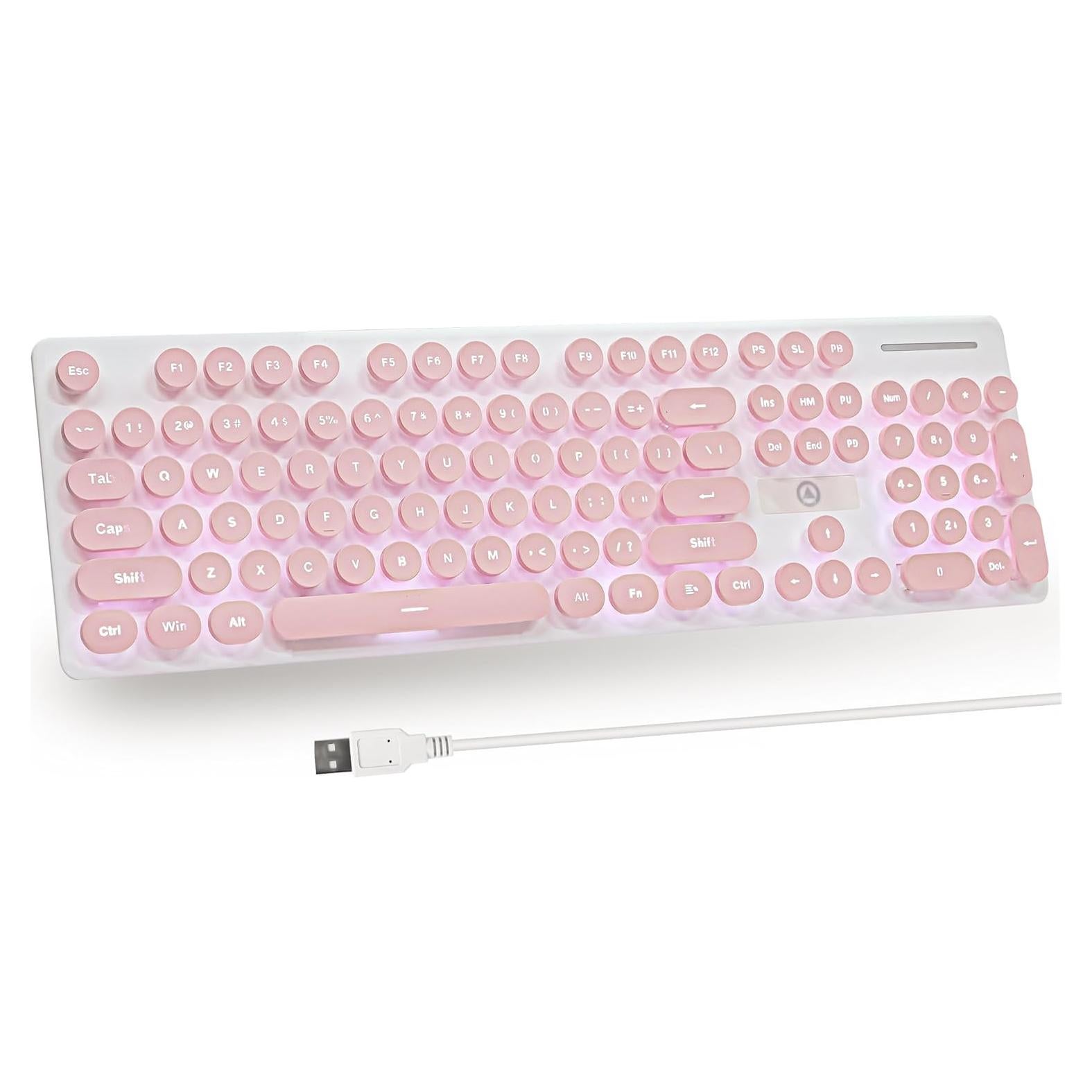 Typewriter Keyboard 104-key Punk Gaming Retro Keyboard LED White Backlit Cute with Wired USB Suitable for PC/Win/Mac/Laptop Computer Keyboard（Pink）