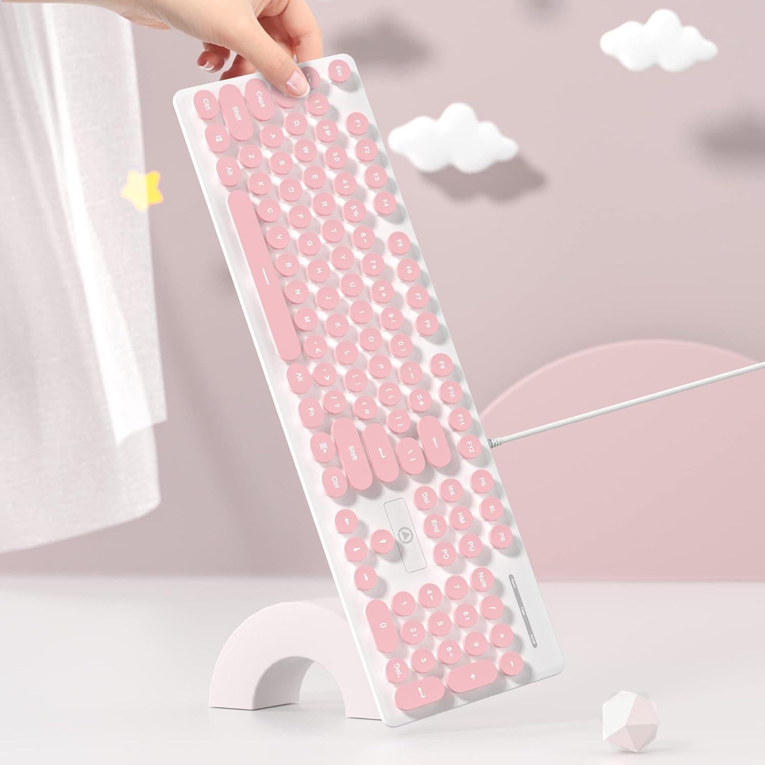 Typewriter Keyboard 104-key Punk Gaming Retro Keyboard LED White Backlit Cute with Wired USB Suitable for PC/Win/Mac/Laptop Computer Keyboard（Pink）