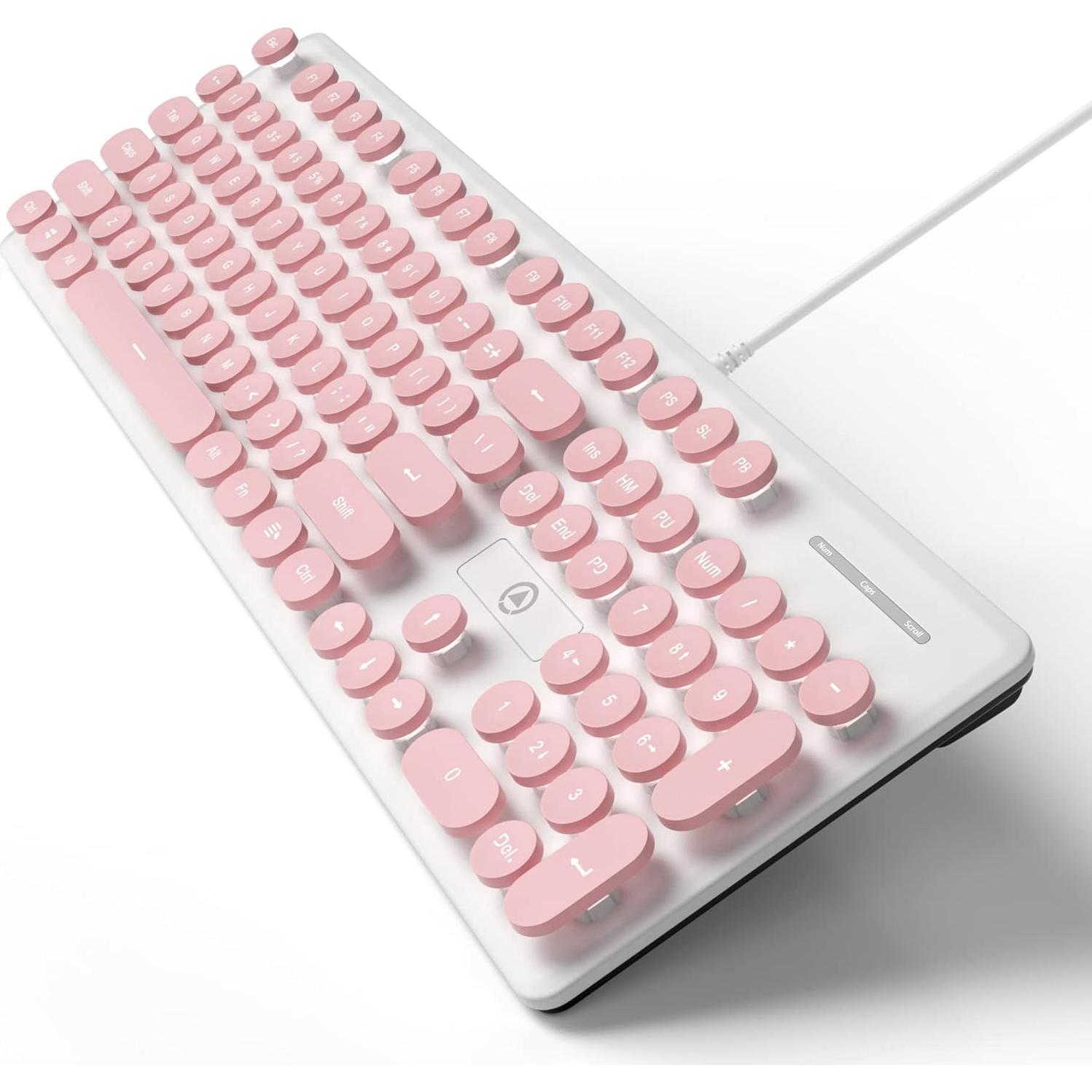 Typewriter Keyboard 104-key Punk Gaming Retro Keyboard LED White Backlit Cute with Wired USB Suitable for PC/Win/Mac/Laptop Computer Keyboard（Pink）