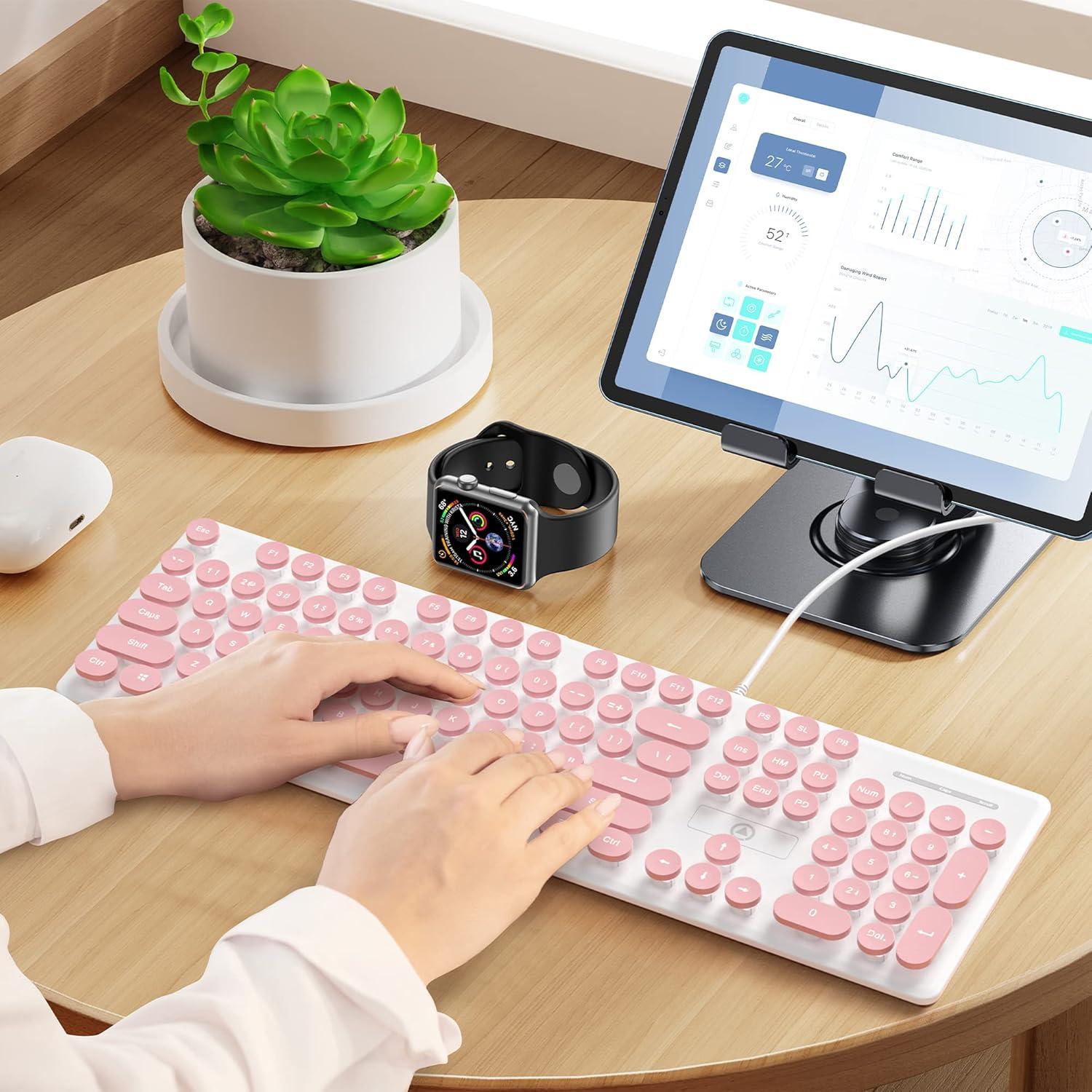 Typewriter Keyboard 104-key Punk Gaming Retro Keyboard LED White Backlit Cute with Wired USB Suitable for PC/Win/Mac/Laptop Computer Keyboard（Pink）