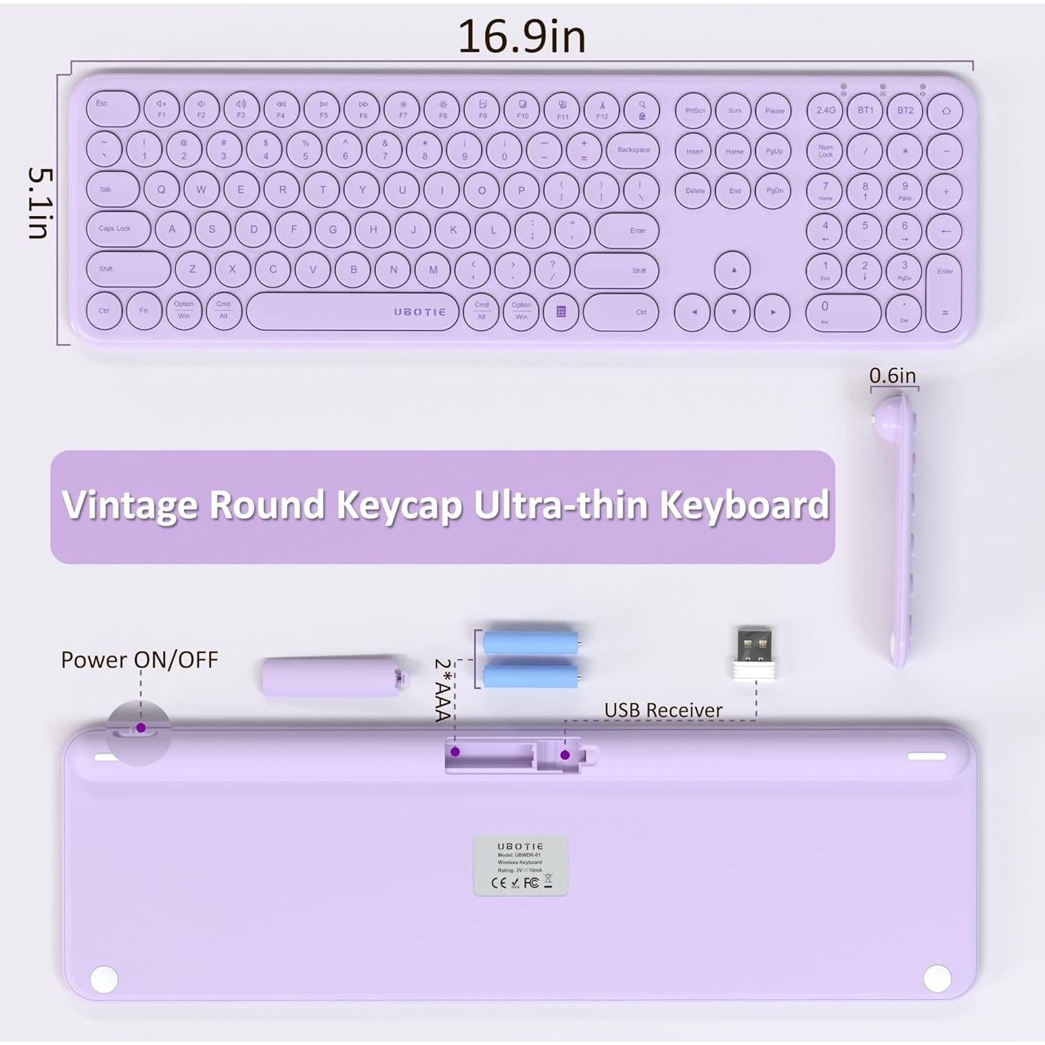 Teclado Inalámbrico Morado UBOTIE con Teclas Redondas y Bluetooth