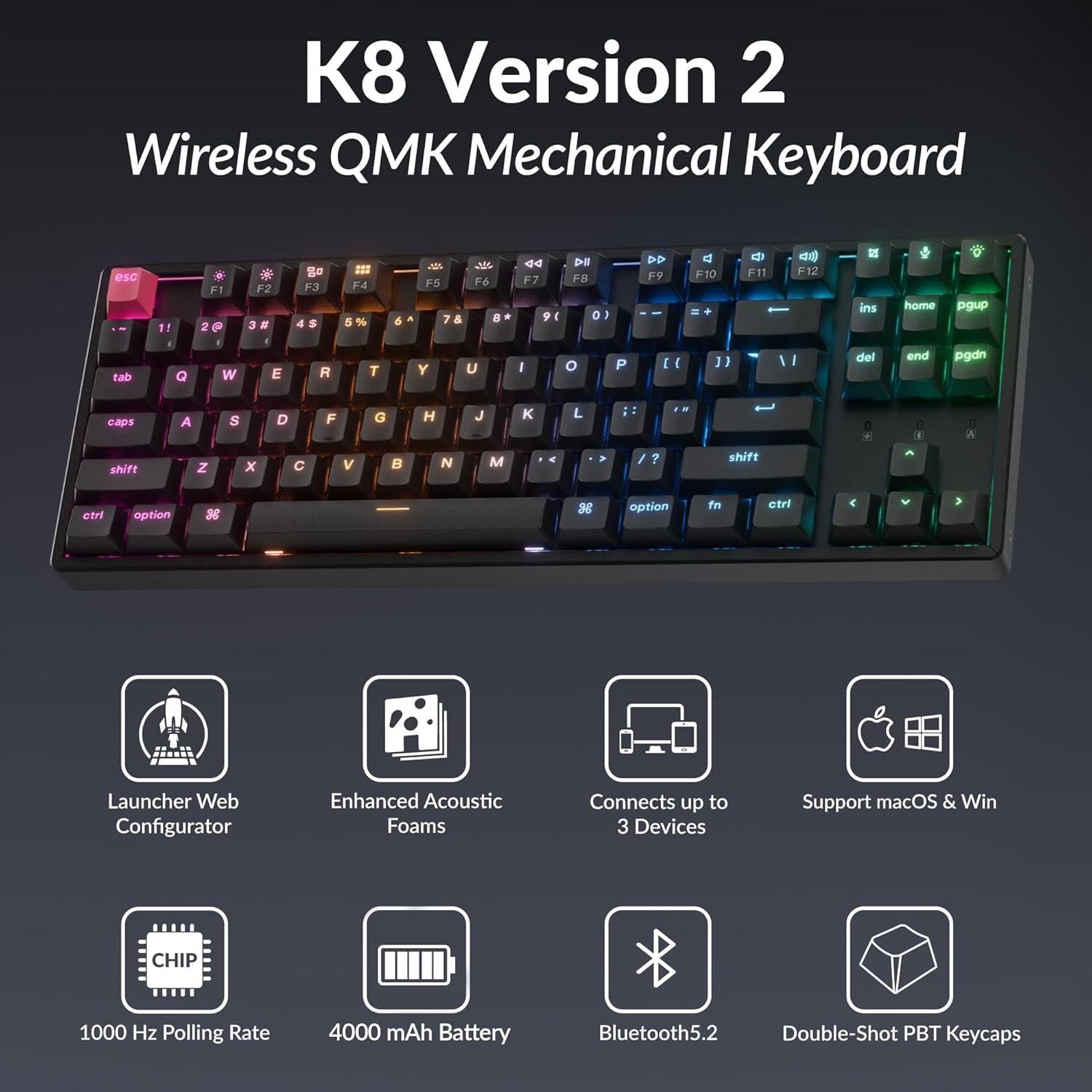 Teclado Mecánico Inalámbrico Keychron K8 V2 TKL RGB PBT