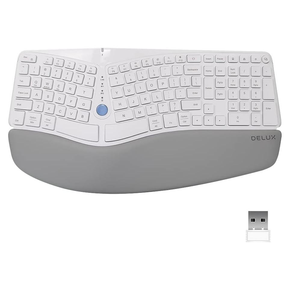 Teclado Ergonómico Inalámbrico DeLUX GM901D Blanco con Reposamuñecas