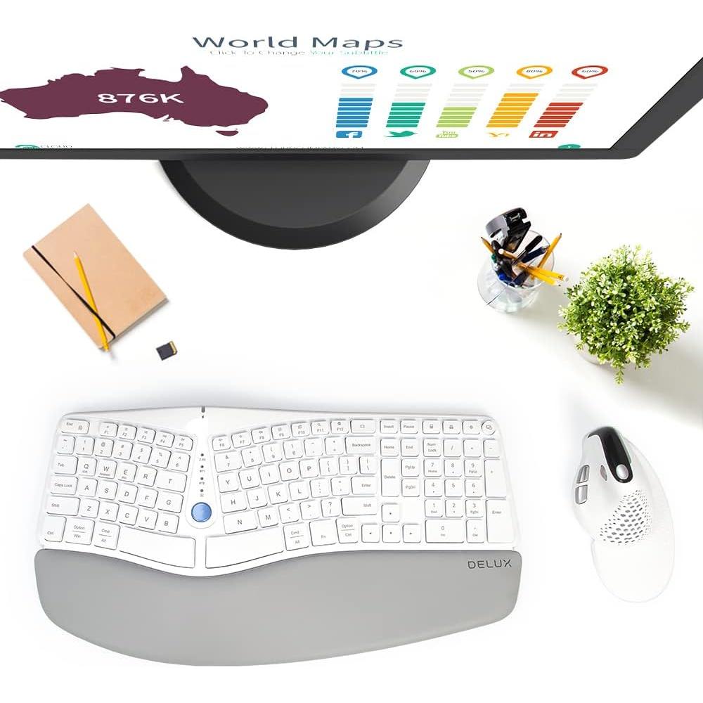 Teclado Ergonómico Inalámbrico DeLUX GM901D Blanco con Reposamuñecas
