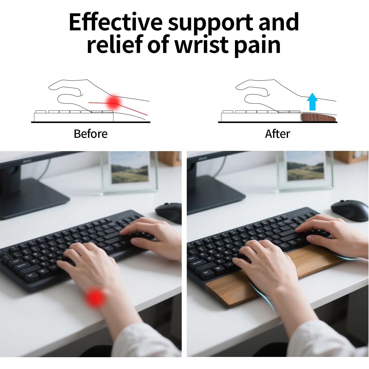 Reposamuñecas de Madera de Nogal Ergonómico para Teclado 104 Teclas