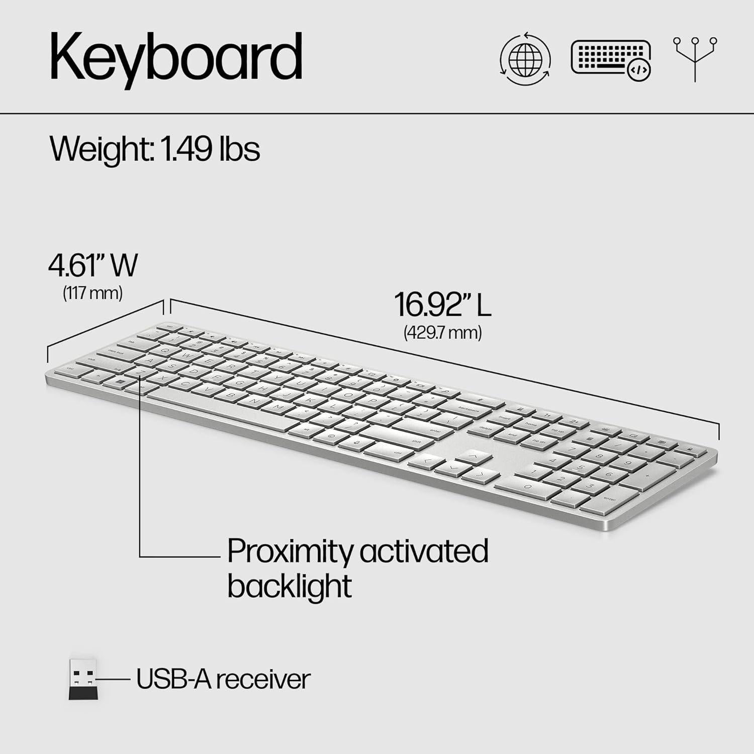 HP 970 Programmable Wireless Keyboard (Silver) - Bluetooth & 2.4 GHz Wireless Multi-Device Connectivity - USB-C Rechargeable Battery - 24 Programmable Keys - Works with Windows & MacOS (3Z729AA#ABA)