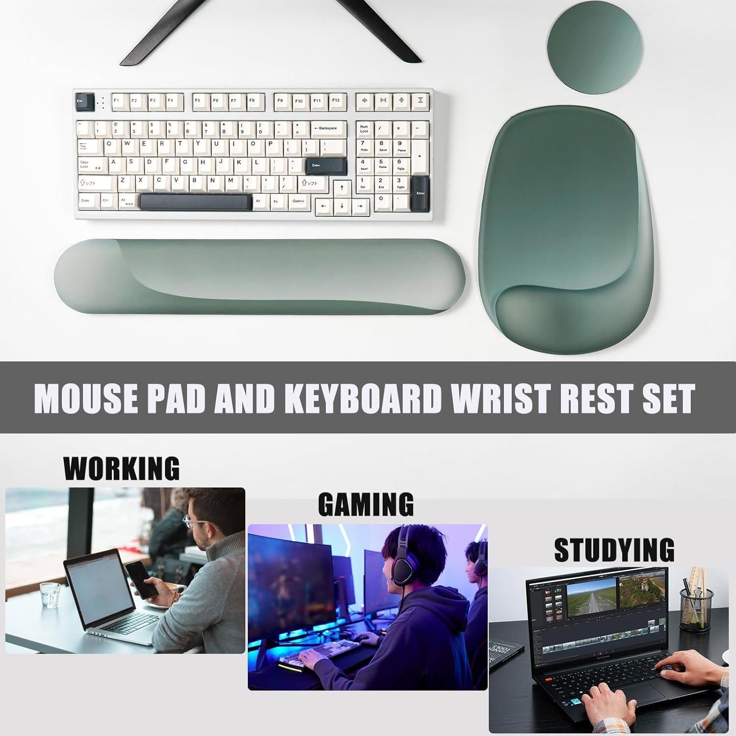 Juego Almohadilla Ergonómica Ratón y Reposamuñecas Teclado Verde