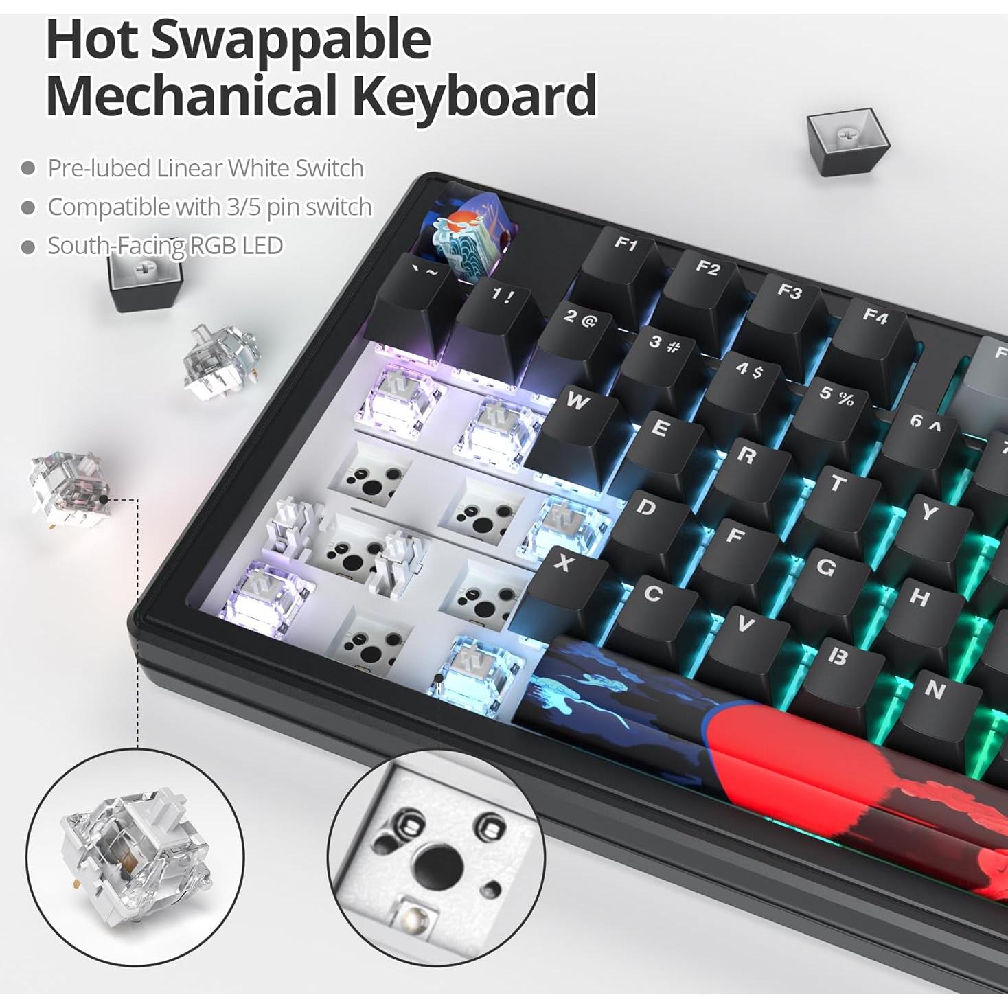 Owpkeenthy 75% Gasket Mounted Mechanical Gaming Keyboard Hot Swappable, Wired 87 Keys South-Facing RGB Keyboard with Quiet Linear White Switch Cherry Keycaps for Win mac (Black)