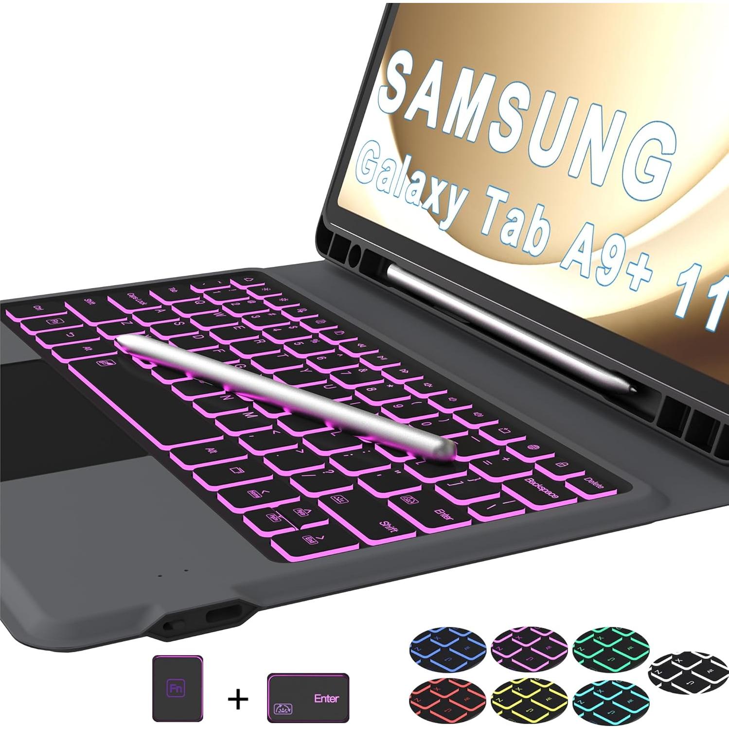 Keyboard Case for Samsung Galaxy Tab A9+ A9 Plus 11": 7 Colors Backlit Trackpad Keyboard for 11inch Samsung Tab A9+ Plus 5G | Smart Touch Wireless Keyboard Folio Book Cover with Pen Holder & Kickstand