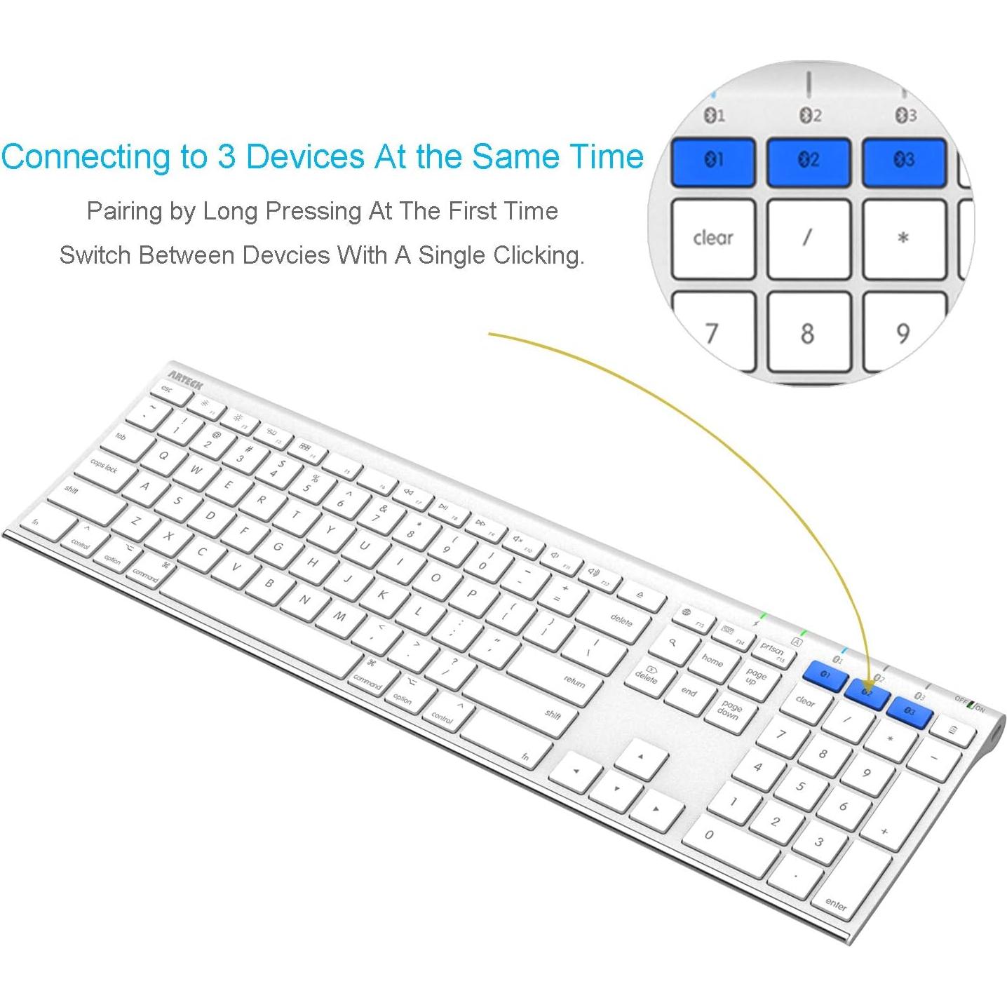 Teclado Bluetooth Arteck para Mac y iPad, Acero Inoxidable, 6 Meses Batería