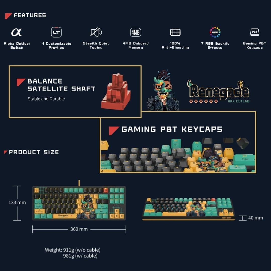 Teclado Gaming Bloody AT87-Renegade Óptico TKL PBT RGB