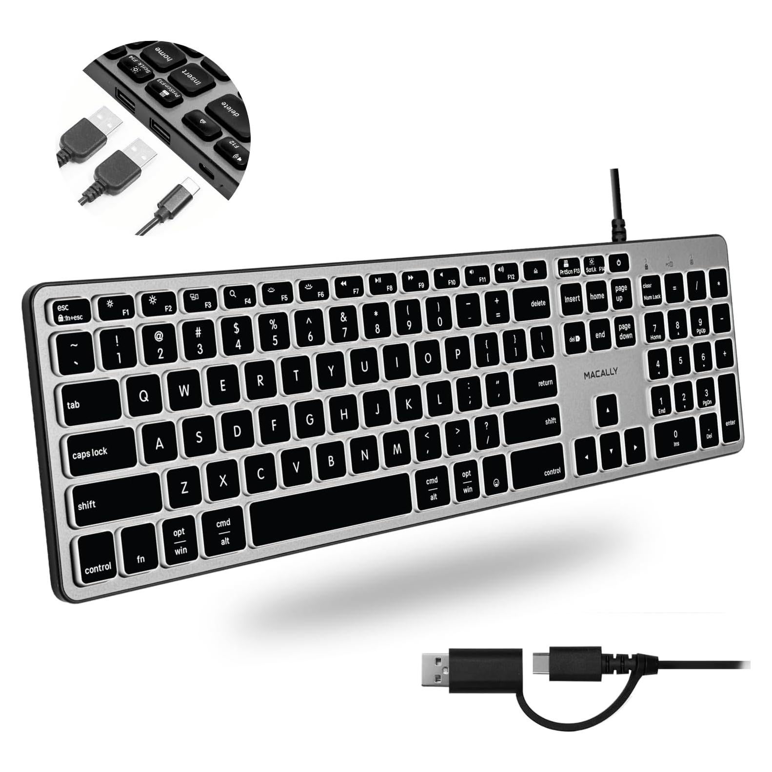 Teclado Macally USB-C con Hub 3 Puertos y Retroiluminado
