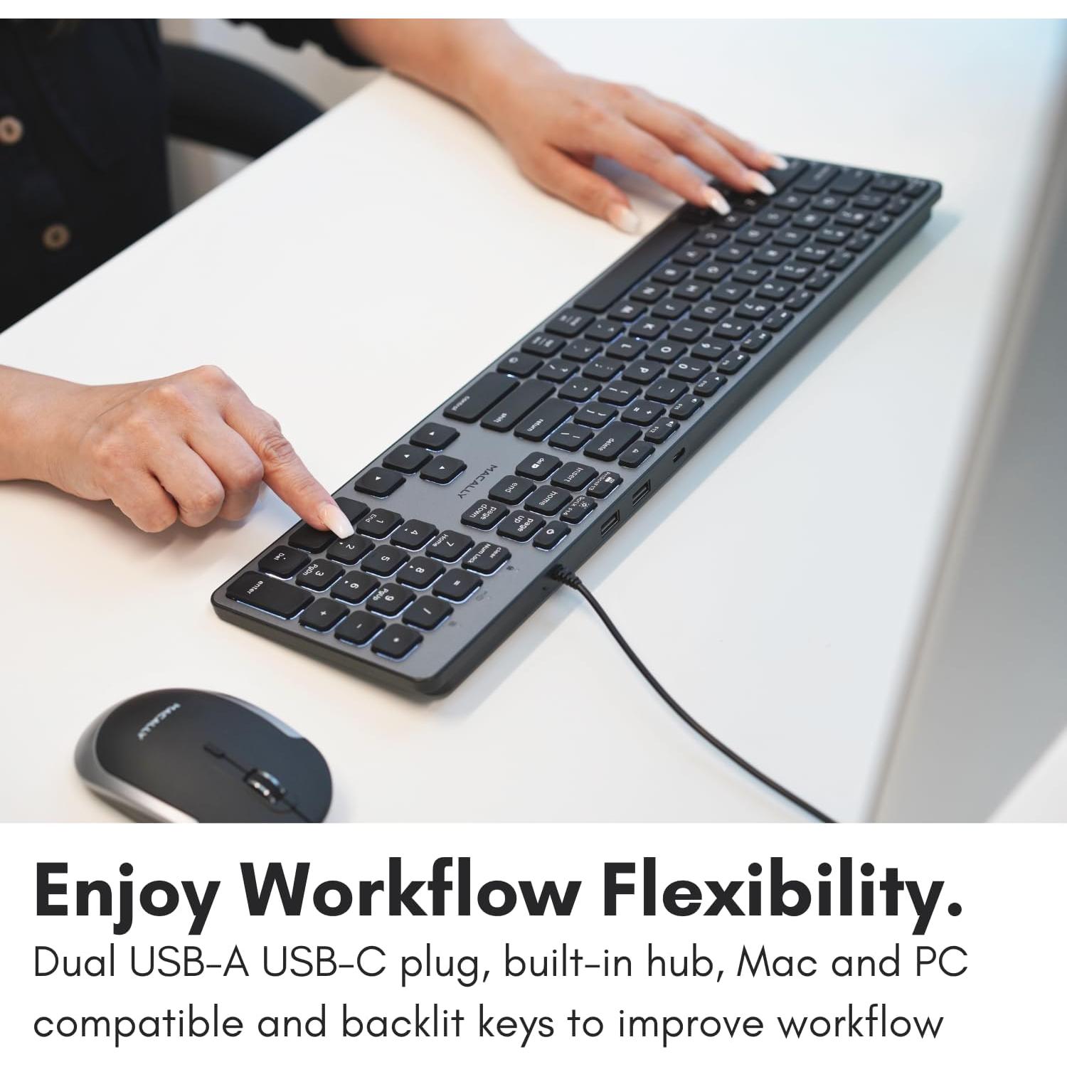 Teclado Macally USB-C con Hub 3 Puertos y Retroiluminado