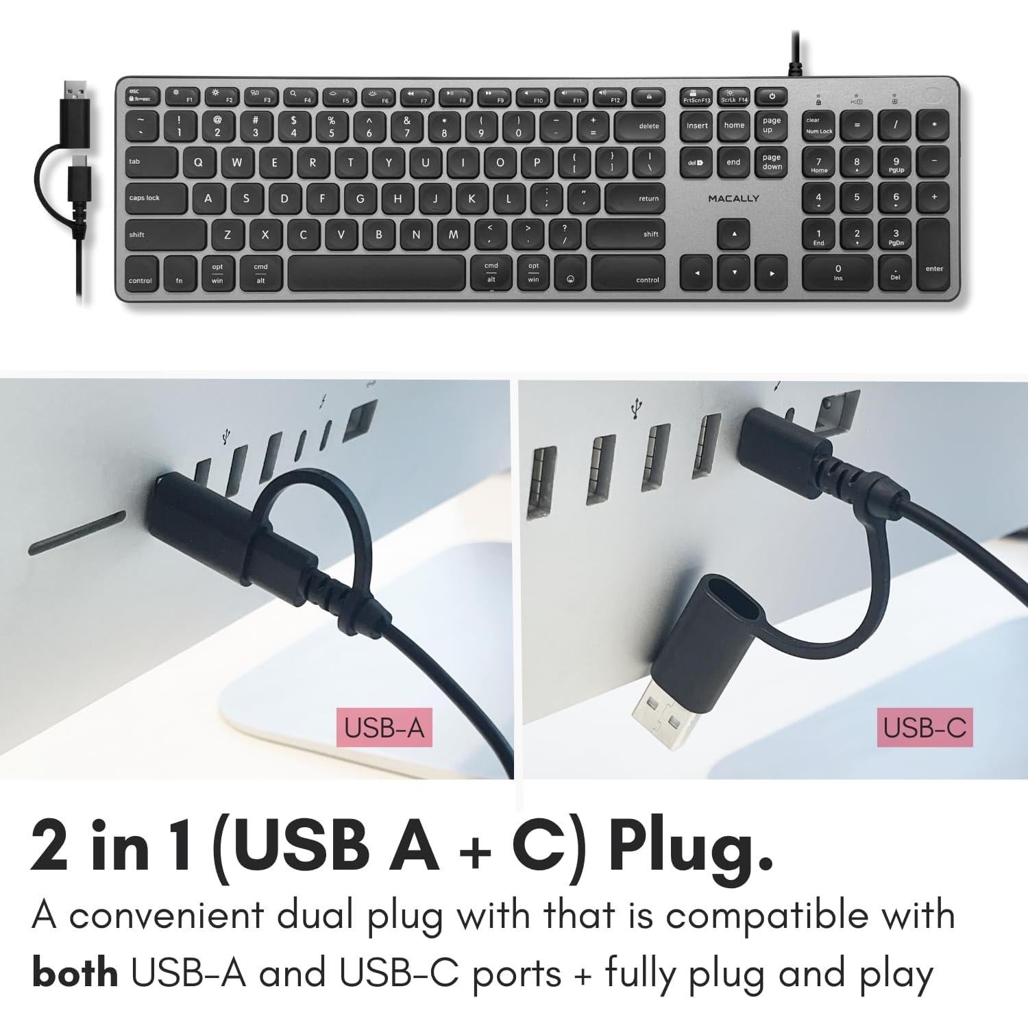 Teclado Macally USB-C con Hub 3 Puertos y Retroiluminado