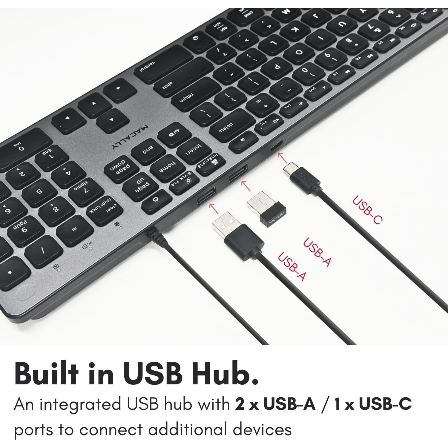 Teclado Macally USB-C con Hub 3 Puertos y Retroiluminado