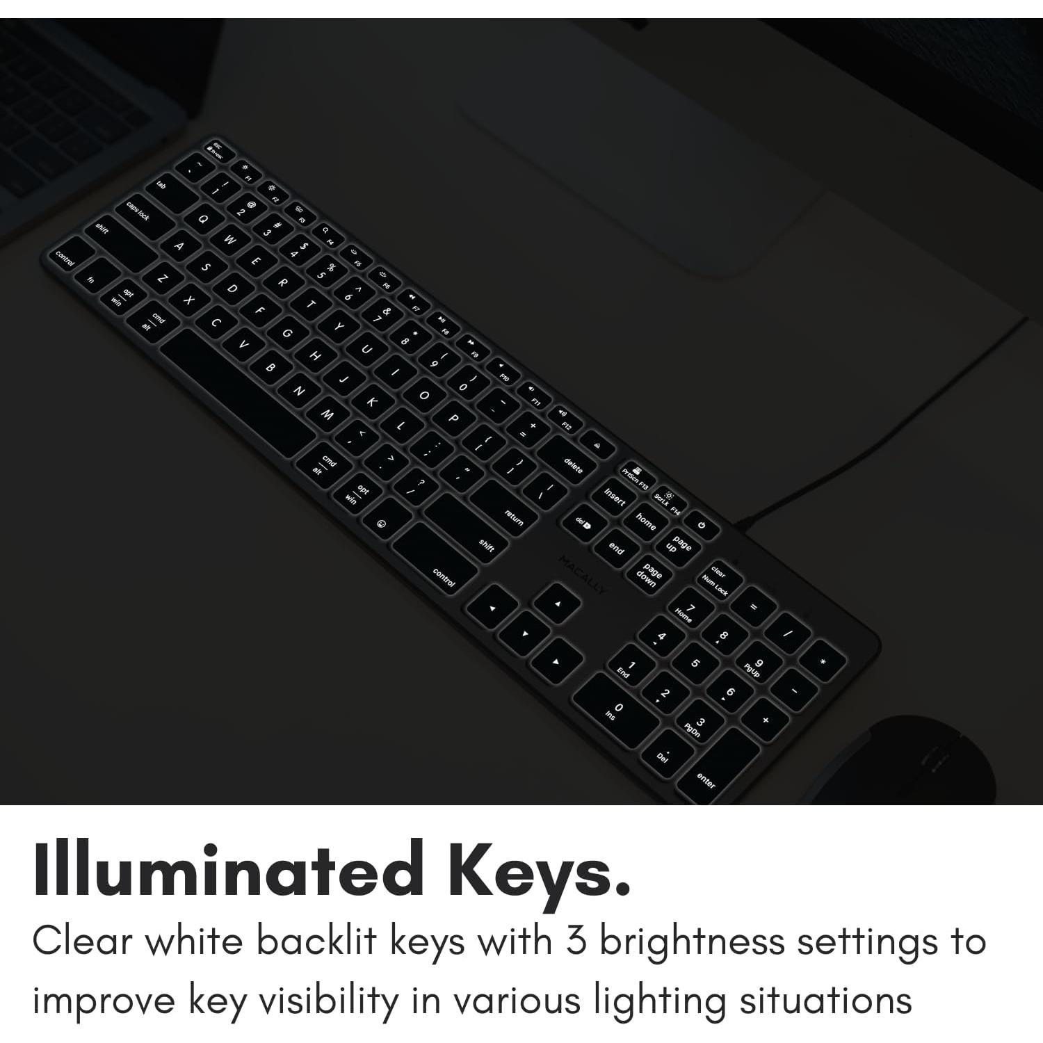 Teclado Macally USB-C con Hub 3 Puertos y Retroiluminado