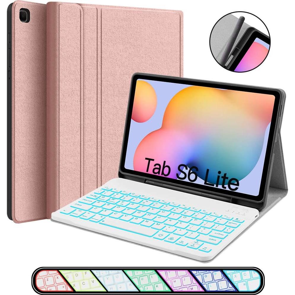 Funda Teclado Retroiluminado JUQITECH para Galaxy Tab S6 Lite 10.4 Rosa