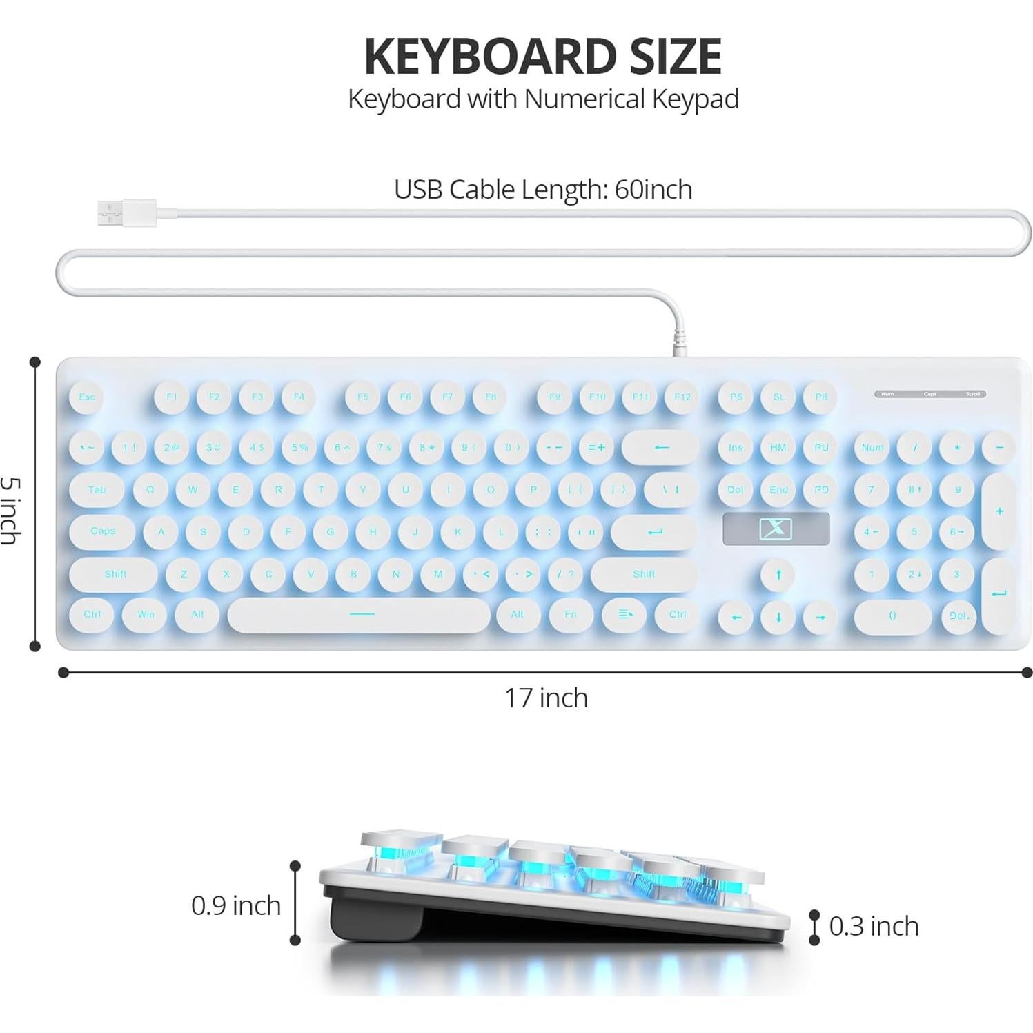 Teclado Retro Iluminado Ussixchare Blanco 104 Teclas USB
