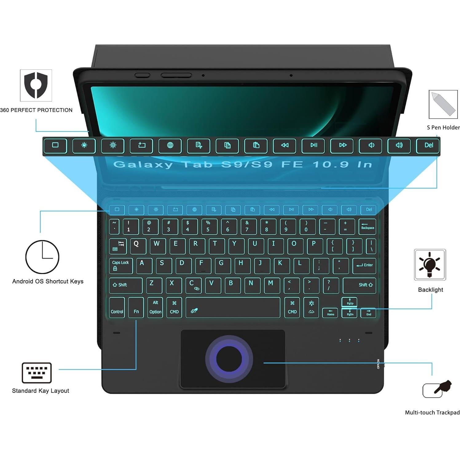 Funda de Teclado Retroiluminado DOMEUN para Samsung Tab S10 Lite/S9 FE