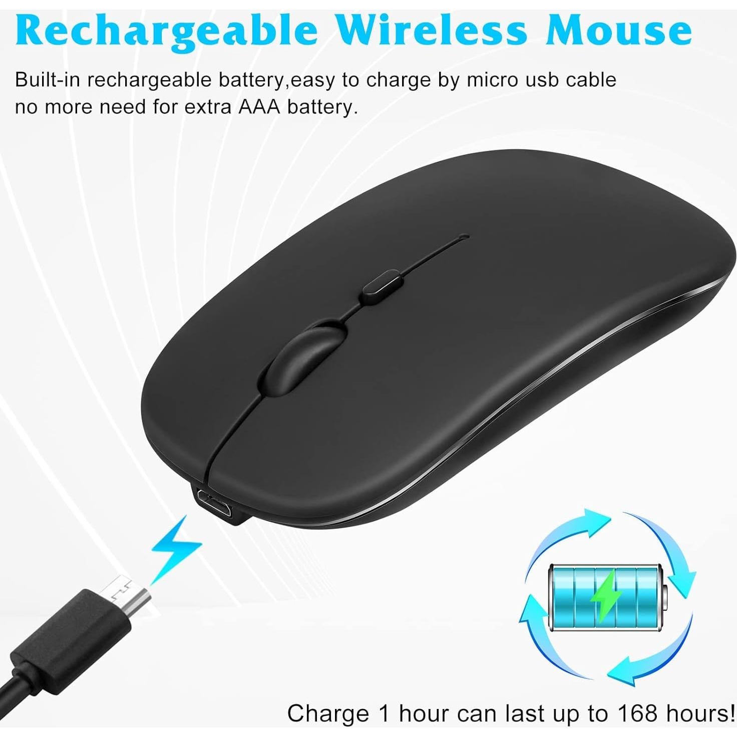 Rechargeable Bluetooth Keyboard and Mouse Combo Ultra Slim Full-Size Keyboard and Ergonomic Mouse for Honor Play 20 and All Bluetooth Enabled Mac/Tablet/iPad/PC/Laptop - Onyx Black