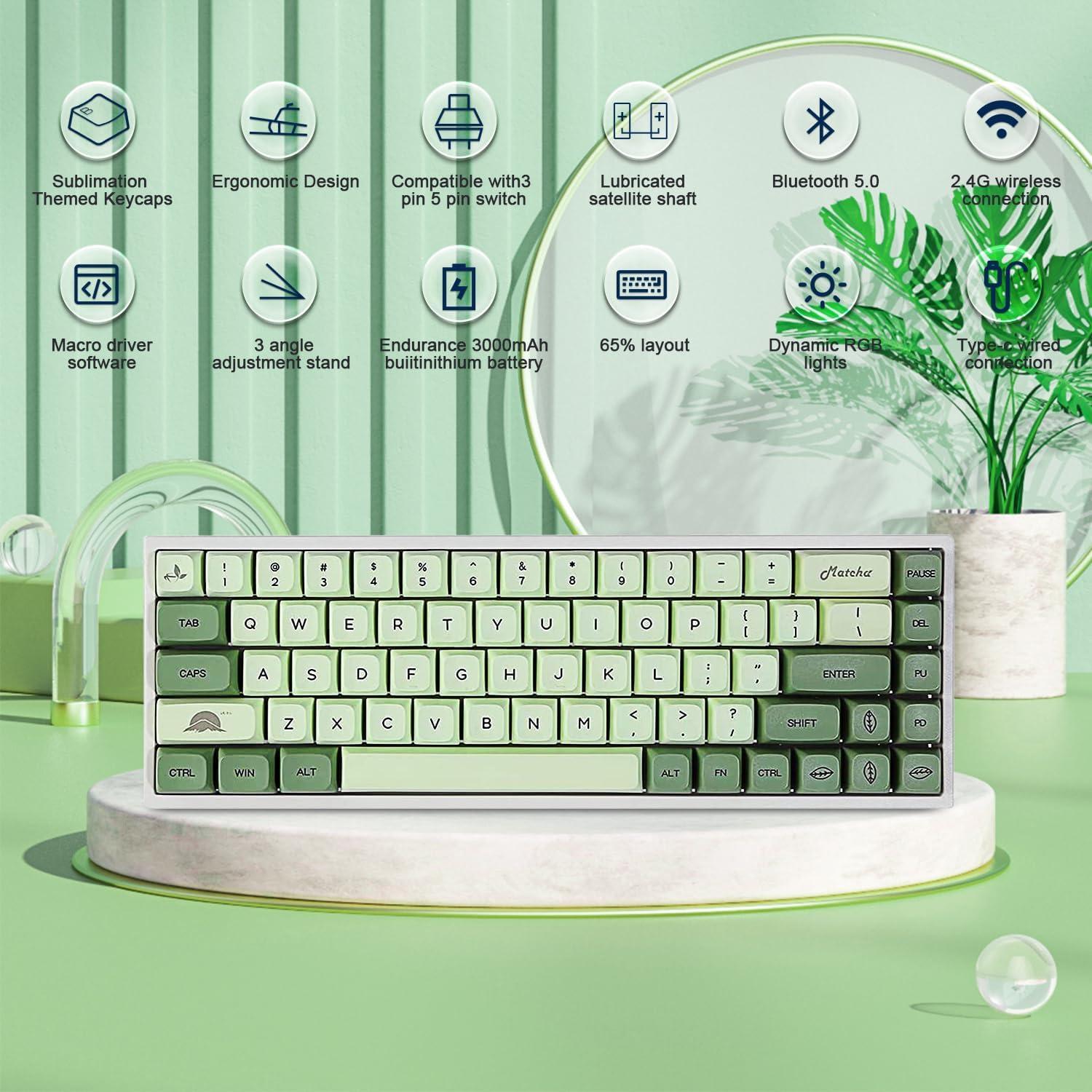 BOYI WK68 65% Tri-Mode RGB Mechanical Keyboard,Gasket Mounted Hot Swappable Bluetooth 5.0/2.4GHz/Type-C Wired Matcha PBT Keycaps Compact Mini Gaming Keyboard(Gateron Red Switch)