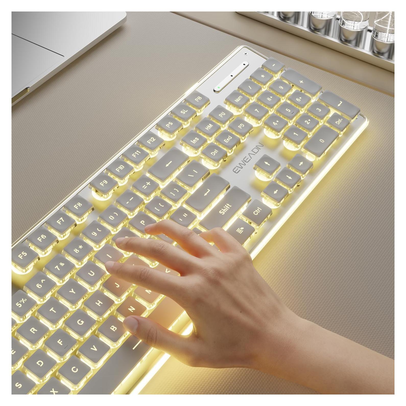 EWEADN X7S Wireless Keyboard with Yellow Backlit, Metal Panel, Bluetooth/2.4G Rechargeable Computer Keyboard Silent Light up Full Size Cute Keyboards for Win & MAC-White