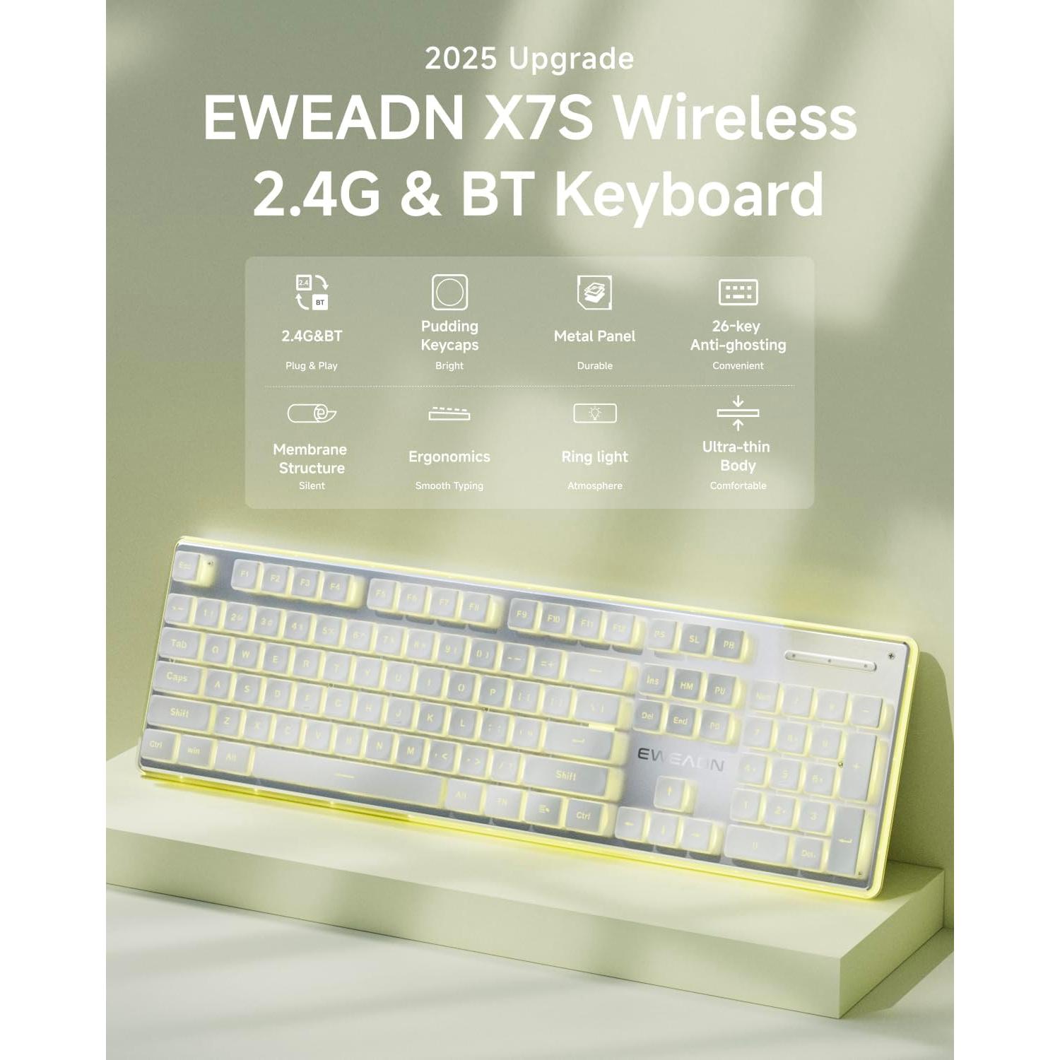 EWEADN X7S Wireless Keyboard with Yellow Backlit, Metal Panel, Bluetooth/2.4G Rechargeable Computer Keyboard Silent Light up Full Size Cute Keyboards for Win & MAC-White