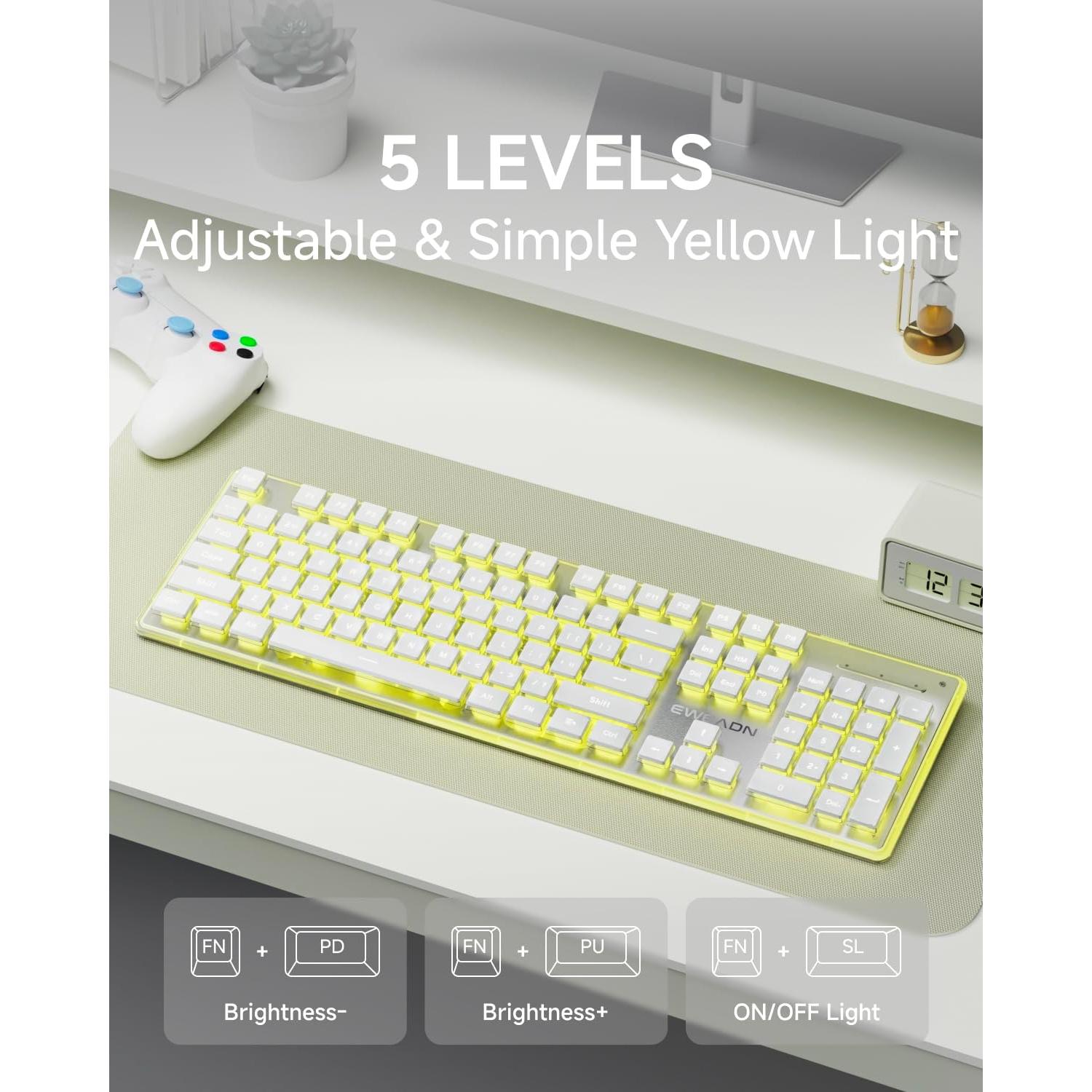EWEADN X7S Wireless Keyboard with Yellow Backlit, Metal Panel, Bluetooth/2.4G Rechargeable Computer Keyboard Silent Light up Full Size Cute Keyboards for Win & MAC-White