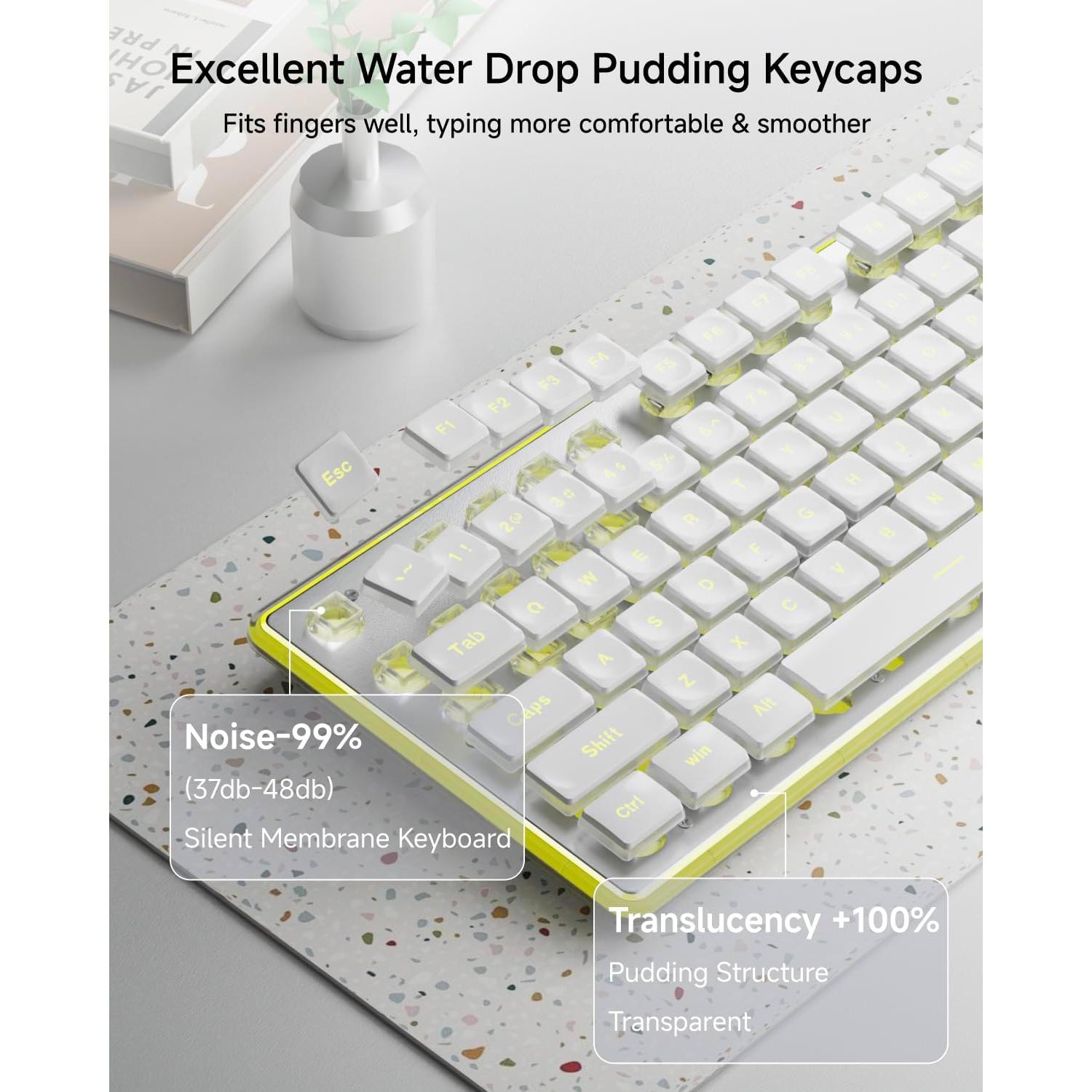 EWEADN X7S Wireless Keyboard with Yellow Backlit, Metal Panel, Bluetooth/2.4G Rechargeable Computer Keyboard Silent Light up Full Size Cute Keyboards for Win & MAC-White