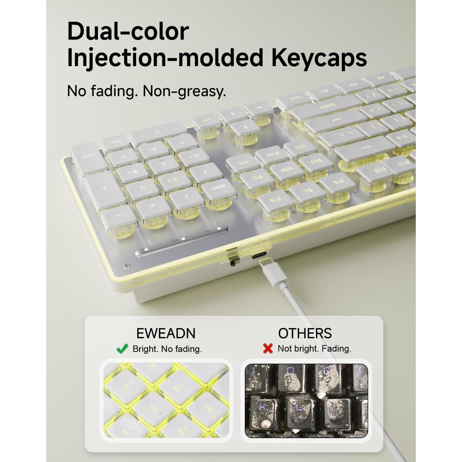 EWEADN X7S Wireless Keyboard with Yellow Backlit, Metal Panel, Bluetooth/2.4G Rechargeable Computer Keyboard Silent Light up Full Size Cute Keyboards for Win & MAC-White