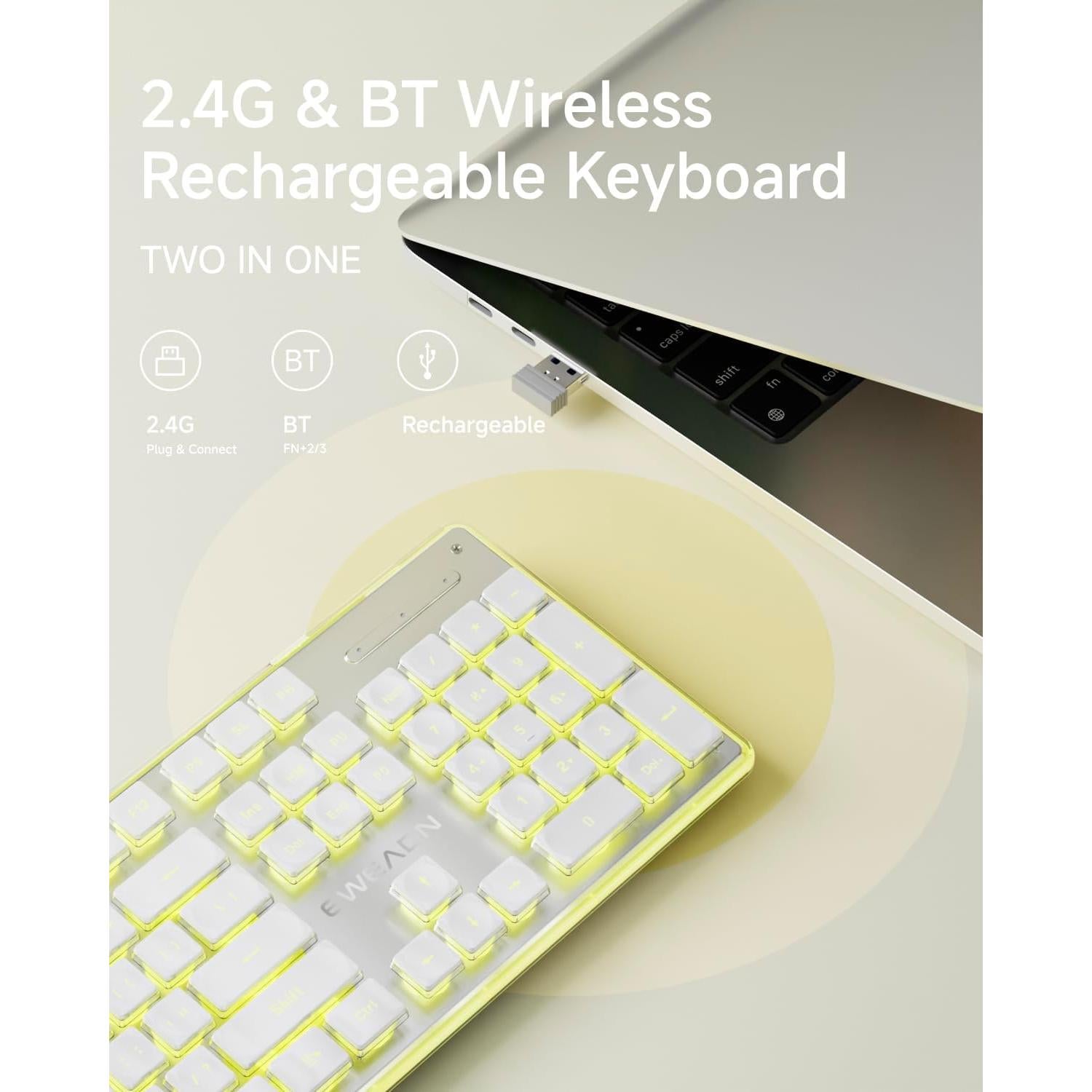 EWEADN X7S Wireless Keyboard with Yellow Backlit, Metal Panel, Bluetooth/2.4G Rechargeable Computer Keyboard Silent Light up Full Size Cute Keyboards for Win & MAC-White